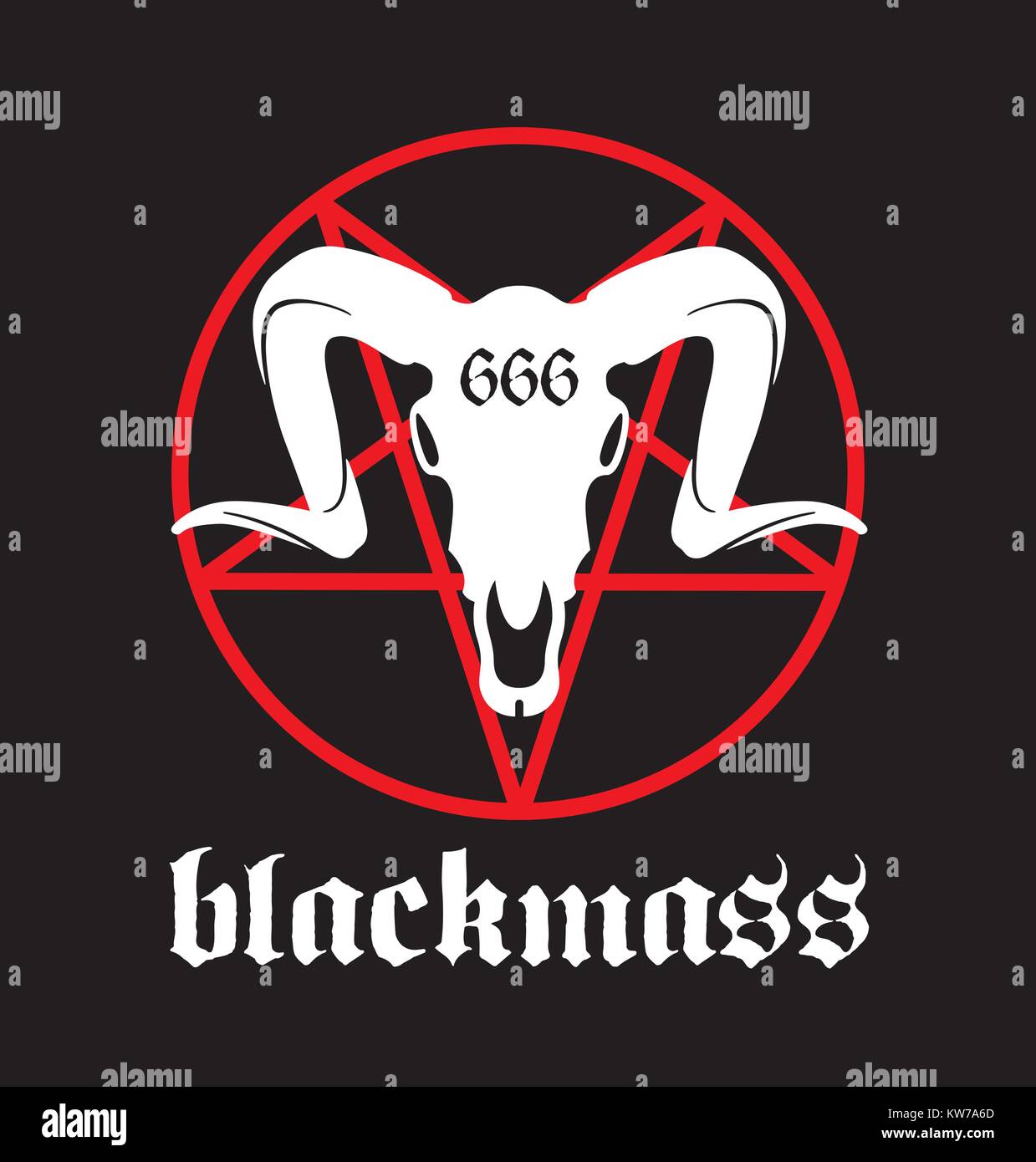 Messa nera disegno vettoriale. Messa nera design dotato di pentagram e cranio di capra con 666 di marcatura. Grande per heavy metal rock band grafica. Illustrazione Vettoriale