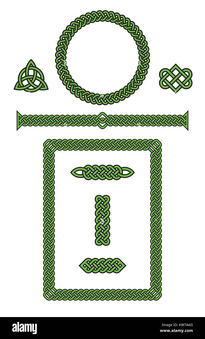 Set di nodo celtico vettore di elementi di design. Otto classico nodo celtico disegni compresi ornamenti, telai, frontiere, cerchi e più. Illustrazione Vettoriale