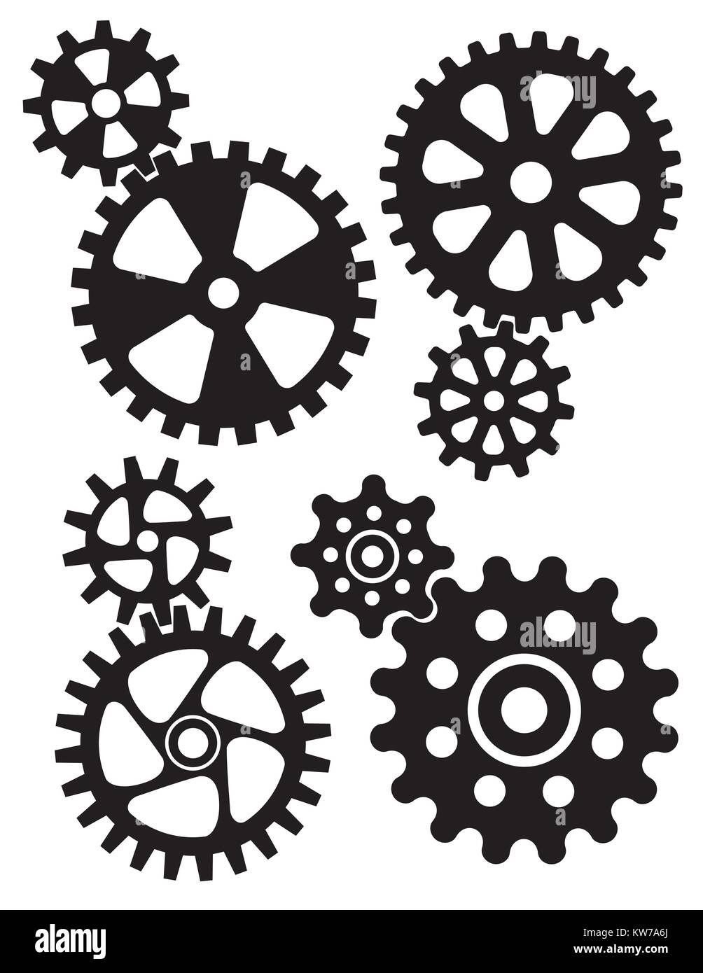 Gli ingranaggi di incastro e di denti di design. Set di quattro diversi stili di ingranaggi o ruote dentate con incastro corrispondenti ingranaggi più piccoli. Illustrazione Vettoriale