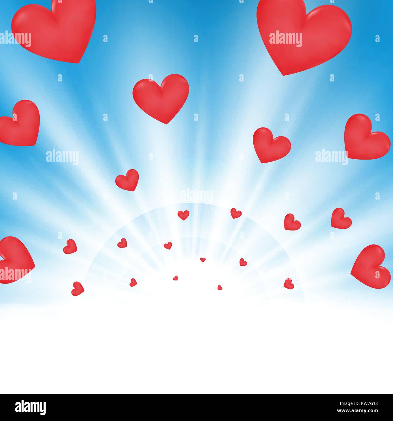 Il giorno di San Valentino del sunburst effetto luce sul pulito cielo azzurro sfondo con cuori spazio testo, flying banner illustrazione eps vettoriali10 Illustrazione Vettoriale
