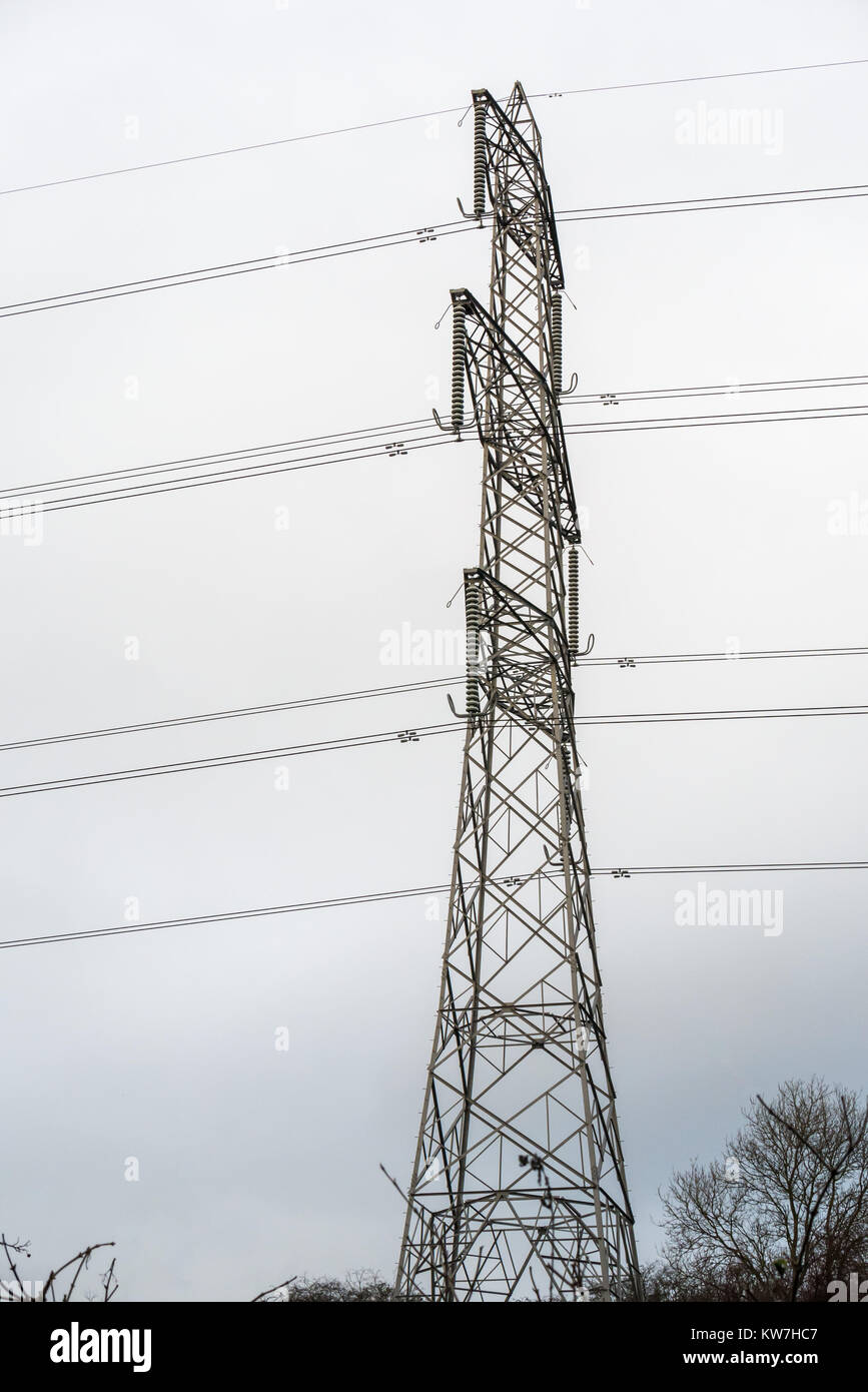 Pilone elettrico ad alto reticolo con bobine e cavi contro il cielo nuvoloso, Scozia, Regno Unito Foto Stock