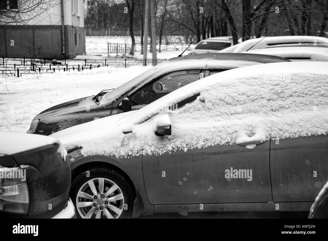Le auto nel parcheggio d'inverno. Auto coperti di neve Foto Stock
