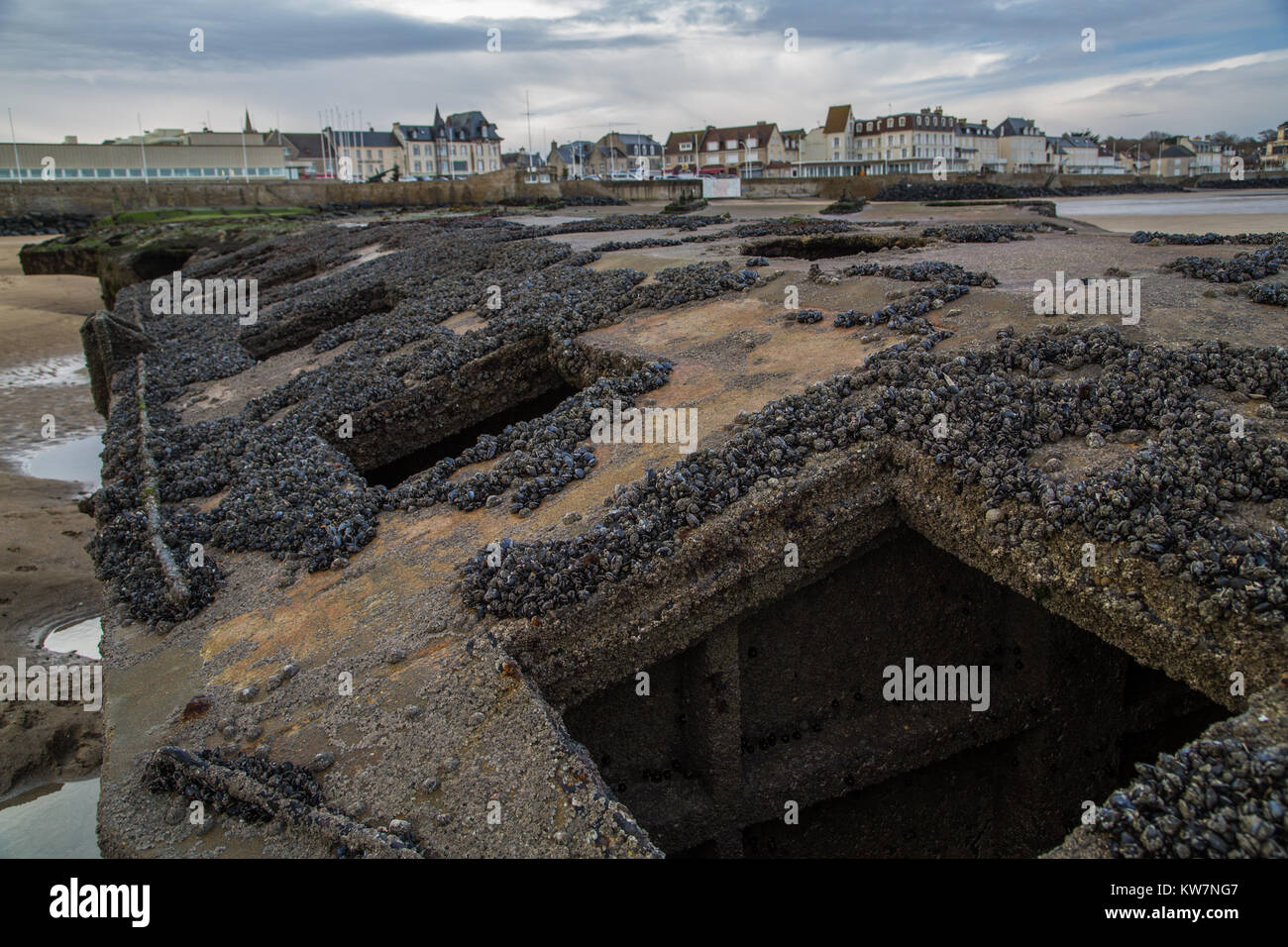 Resti di 'coleotteri', le strutture di supporto di una carreggiata flottante, parte del porto di gelso costruito durante l'invasione alleata della Normandia in giu Foto Stock