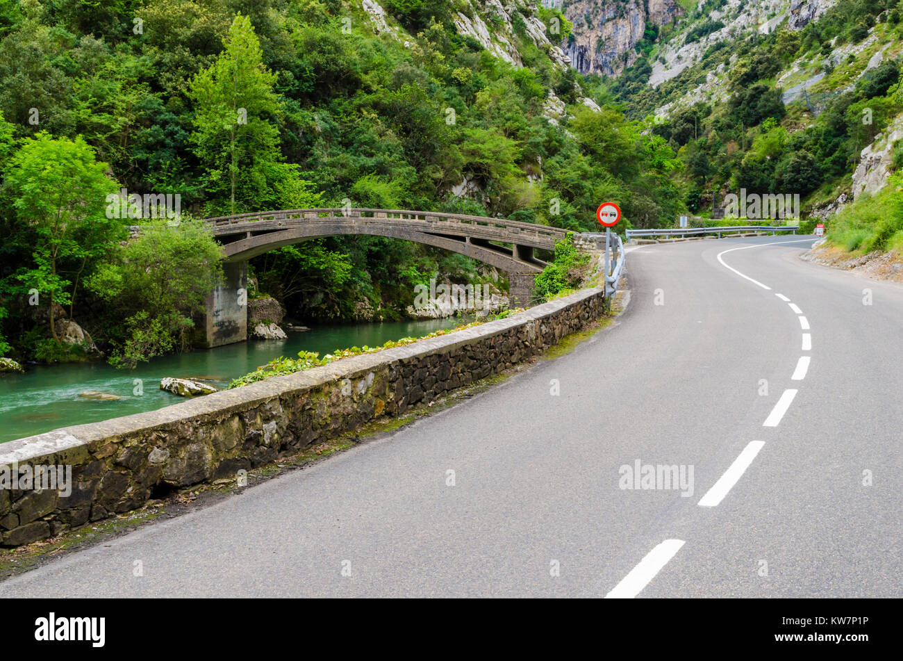 Strada tortuosa lungo il Fiume Deva sulla delle Asturie e della Cantabria frontiera nel nord della Spagna Foto Stock