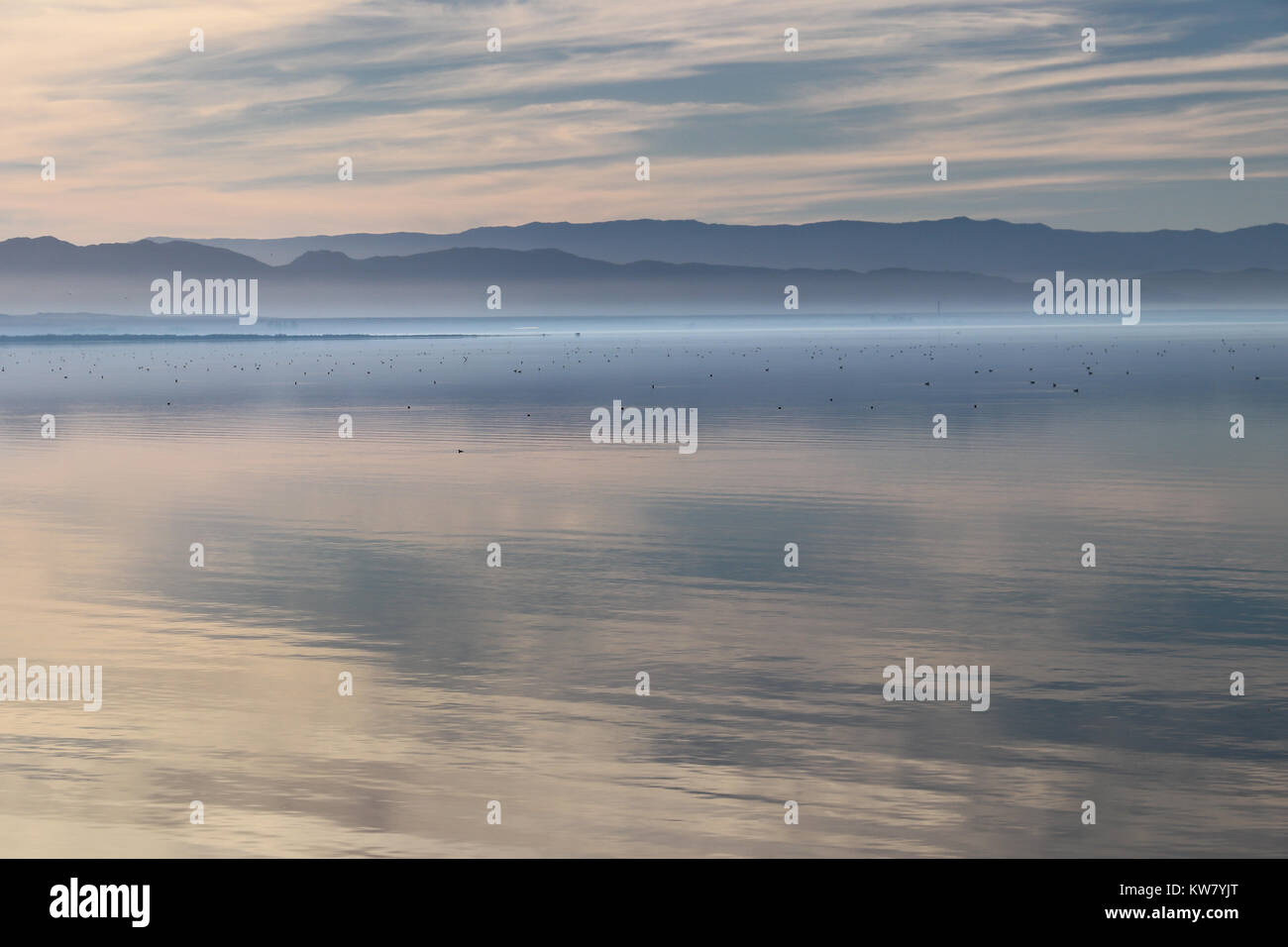 Bella Salton Sea nel tardo pomeriggio, superficie speculare che riflette il cielo, nuvole e montagne: molti uccelli in distanza. Tranquilla, pastello chiaro. Foto Stock