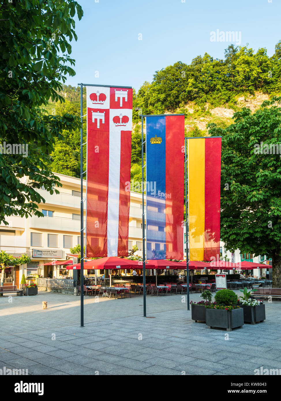 Vaduz, Liechtenstein - 28 Maggio 2016: Street view con bandiere colorate del Principato del Liechtenstein a Vaduz città. Foto Stock