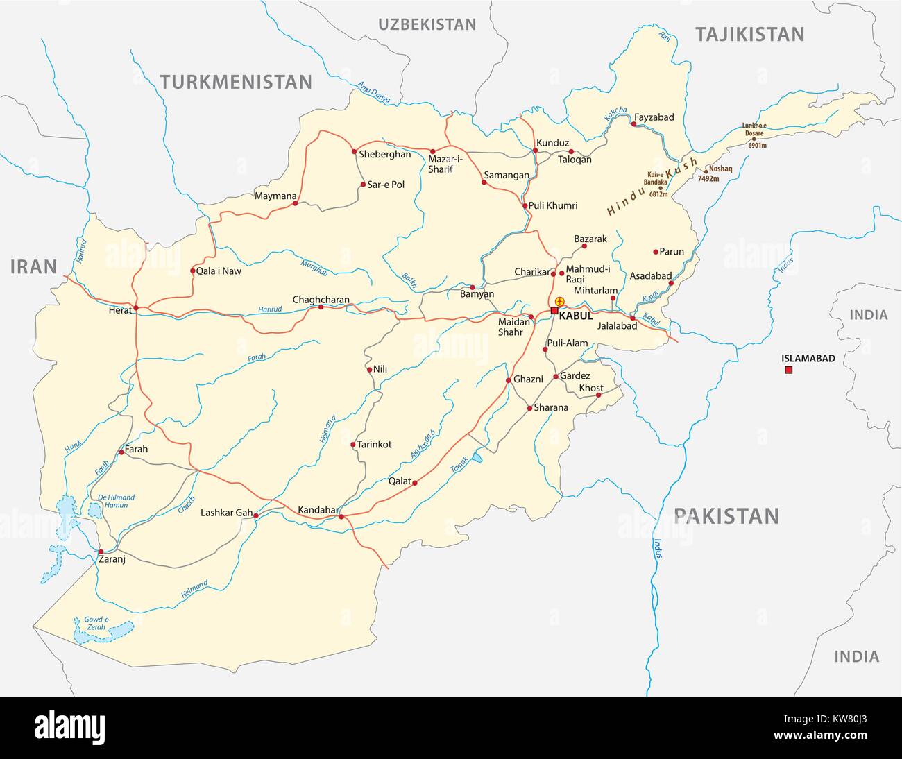 Afghanistan vettore mappa stradale con importanti città Illustrazione Vettoriale