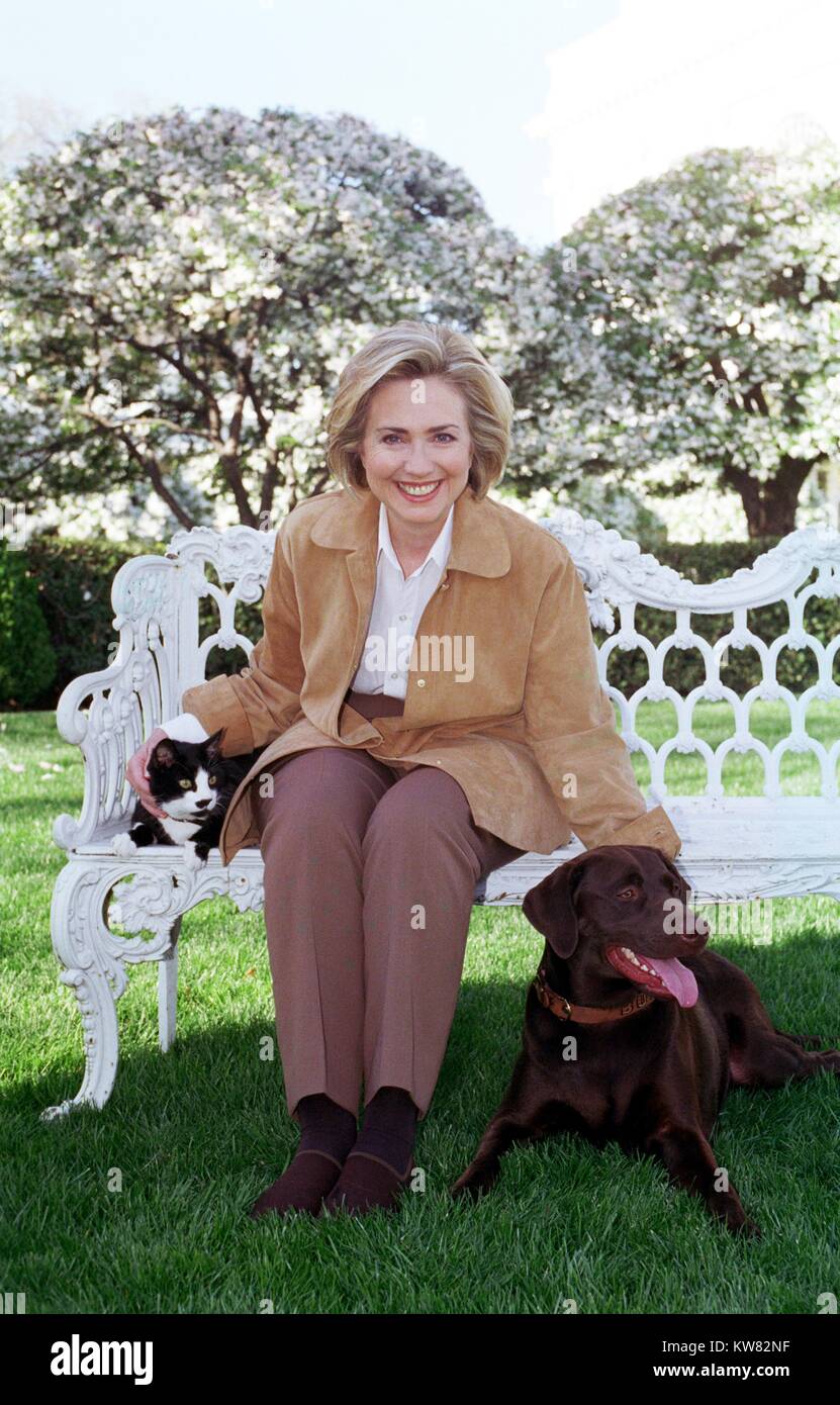 Prima signora Hillary Rodham Clinton, seduto in panchina con calzini il gatto e Buddy il cane, Aprile 7, 1999. Foto Stock