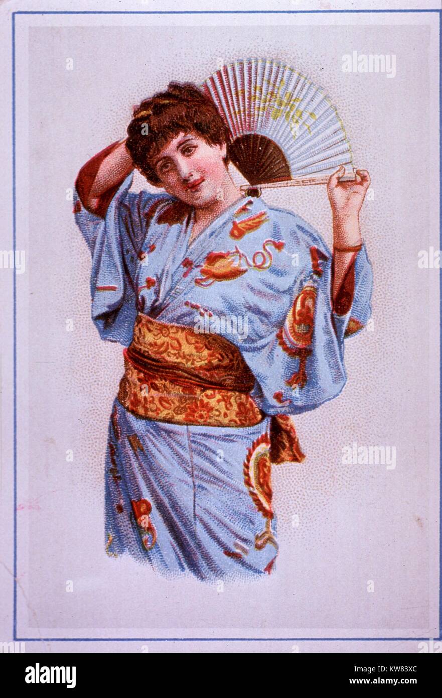 Pittura orientalista che mostra una donna nel tradizionale abito giapponese tenendo un ventilatore, 1870. La cortesia Libreria Nazionale di Medicina. Foto Stock