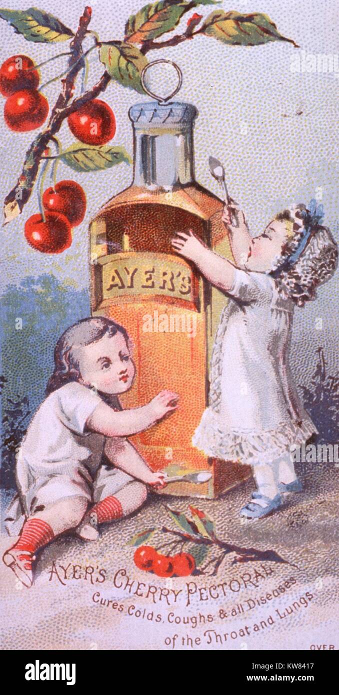 Annuncio che mostra due bambini di raggiungere per una bottiglia grande di Ayer della ciliegia, pettorali che è destinato a curare il raffreddore, tosse e altre malattie della gola e dei polmoni, 1870. La cortesia Libreria Nazionale di Medicina. Foto Stock