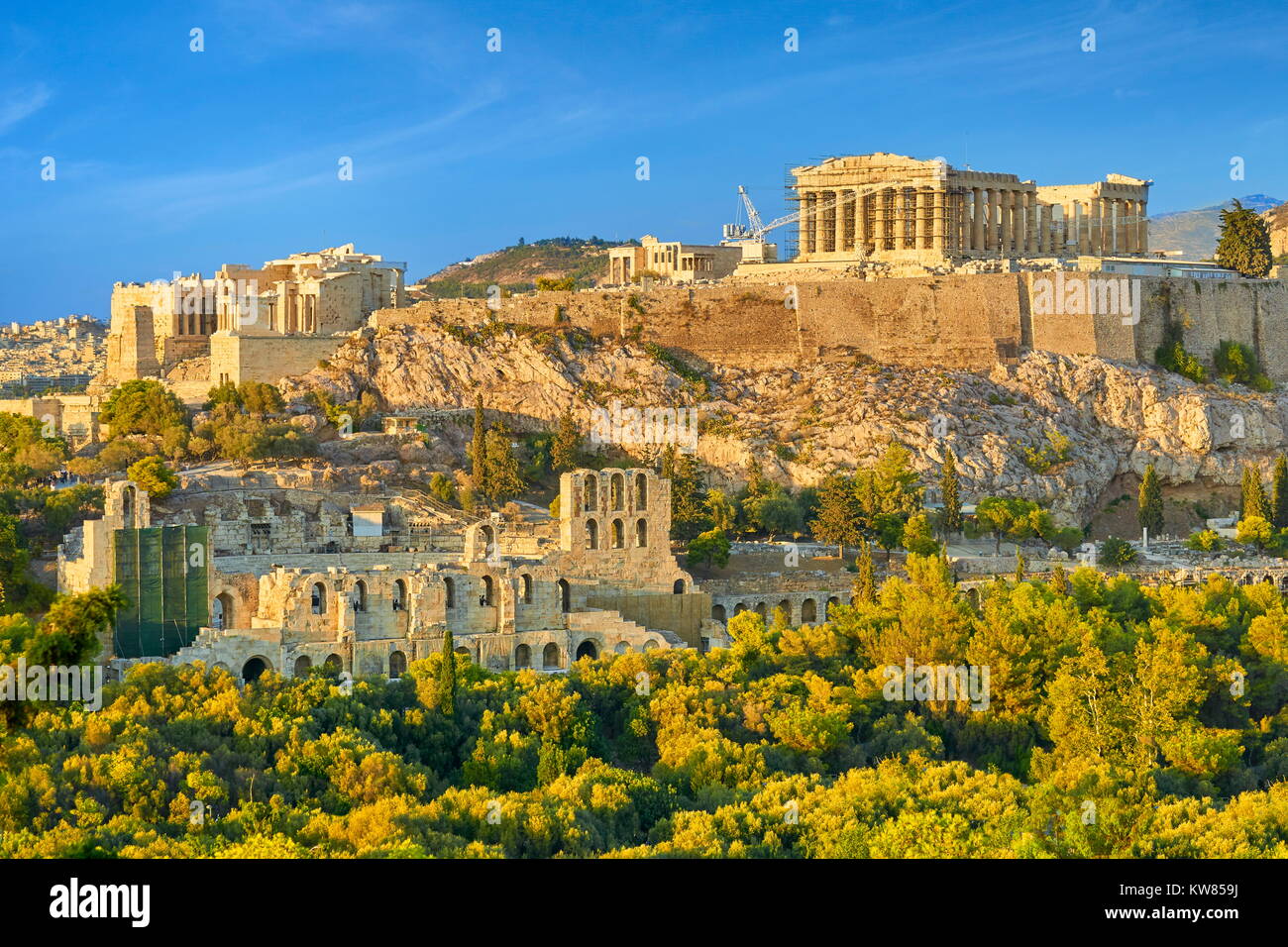 Vista al Partenone Acropoli di Atene, Grecia Foto Stock