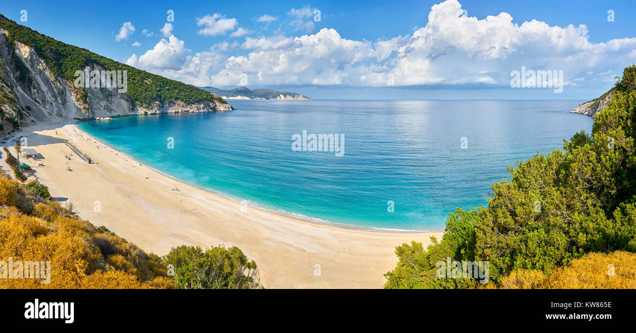 Vista panoramica della spiaggia di Myrtos, Cefalonia (Cefalonia), greco isole Ionie, Grecia Foto Stock