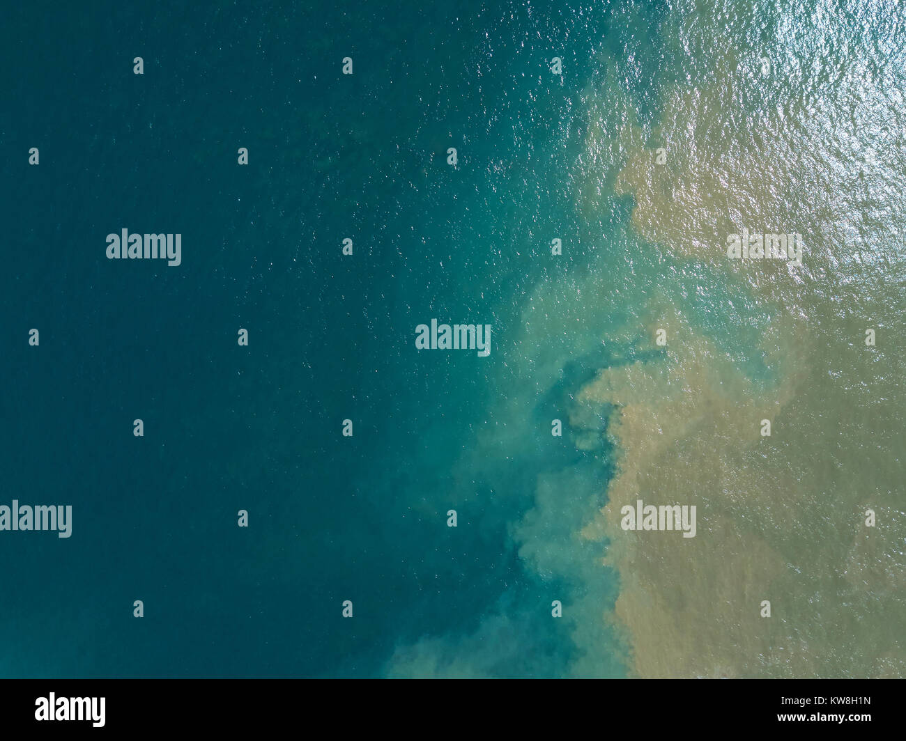 Miscelazione naturale di acqua di mare con il fiume marrone vista dall'alto da fuco Foto Stock