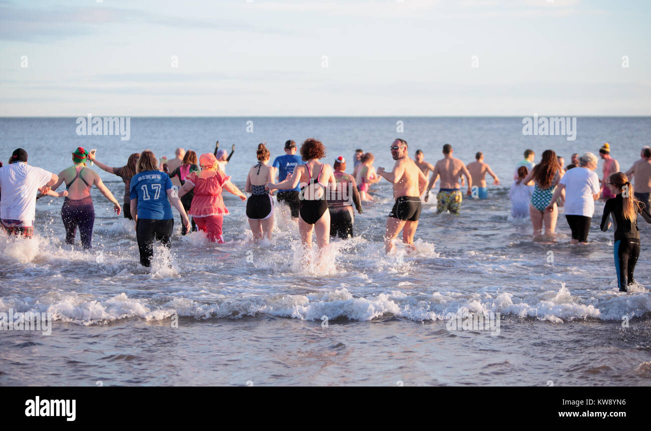 St Andrews Fife, Scozia, Regno Unito. 1a gen, 2018. Persone corrono nel Mare del Nord a Loony Dook, St Andrews Fife, Scozia, il giorno di nuovi anni 2018 © Derek Allan/Alamy Live News Foto Stock