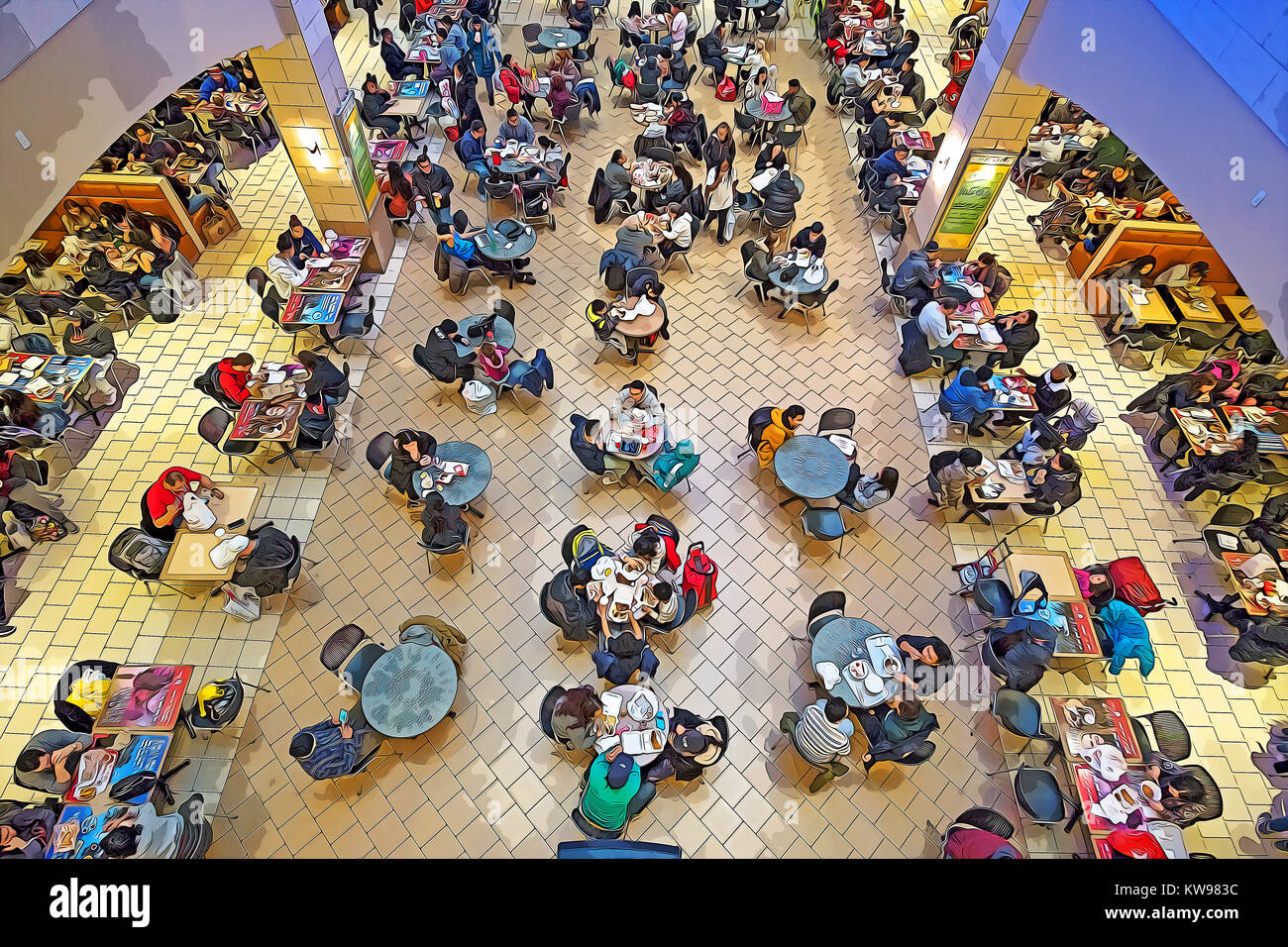 Un photoshop manipolato vista dell'affollato Food Court al Queens Center shopping mall in Elmhurst, Queens, a New York City. Foto Stock