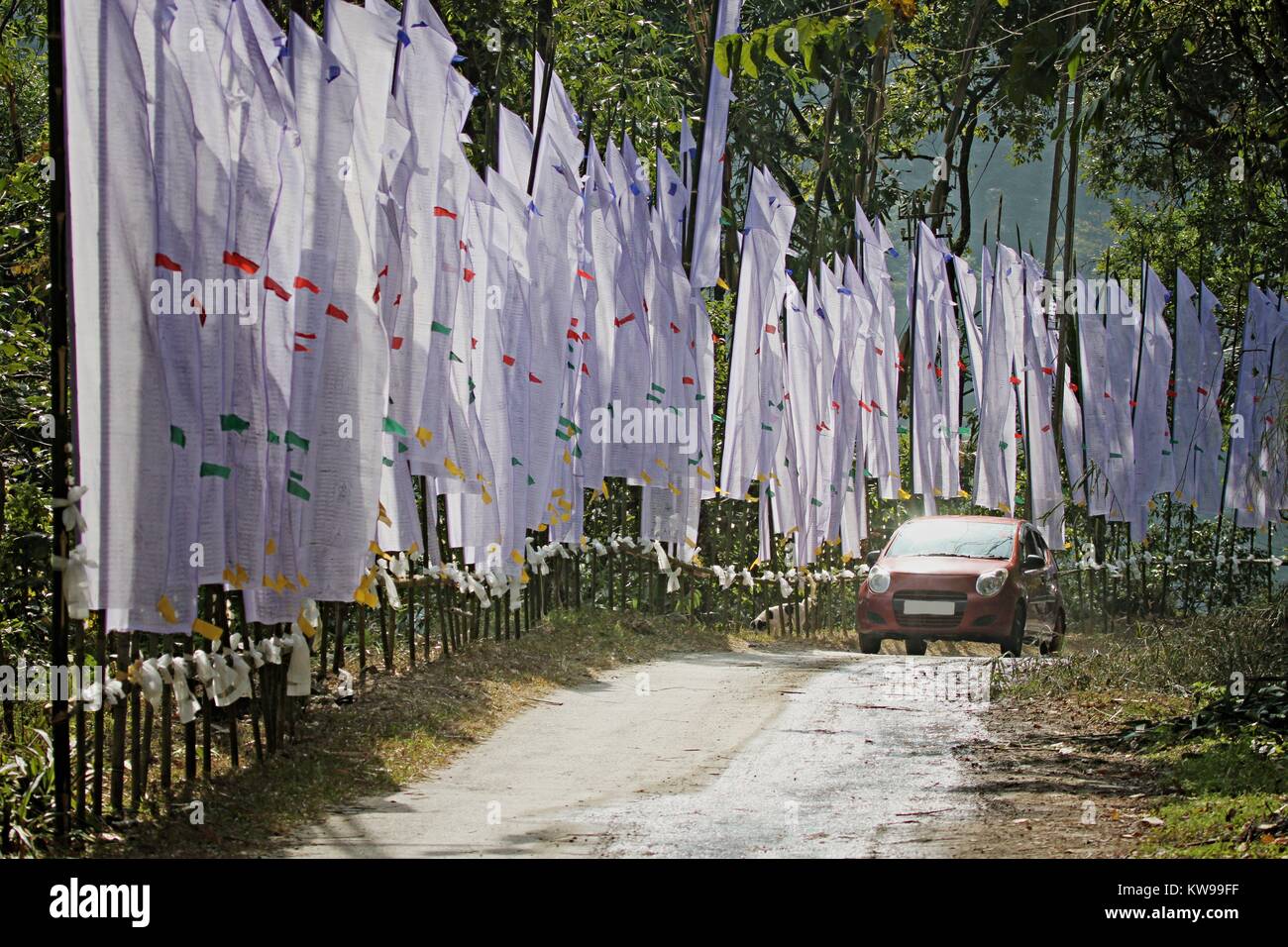Auto su sfondo bianco di bandiere di preghiera Foto Stock