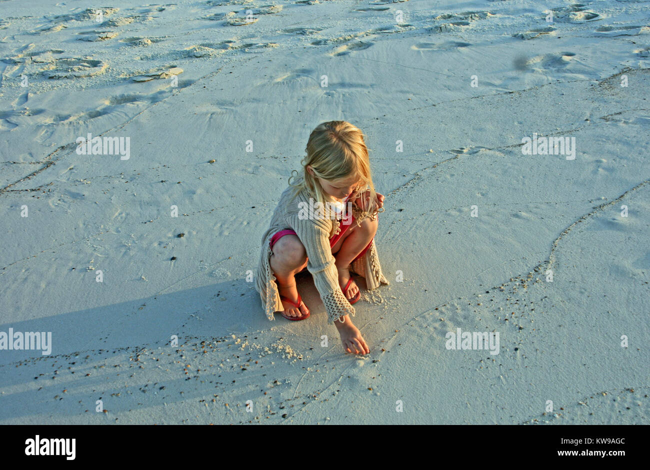 Ragazza giovane cerca conchiglie sulla spiaggia sorridente Foto Stock