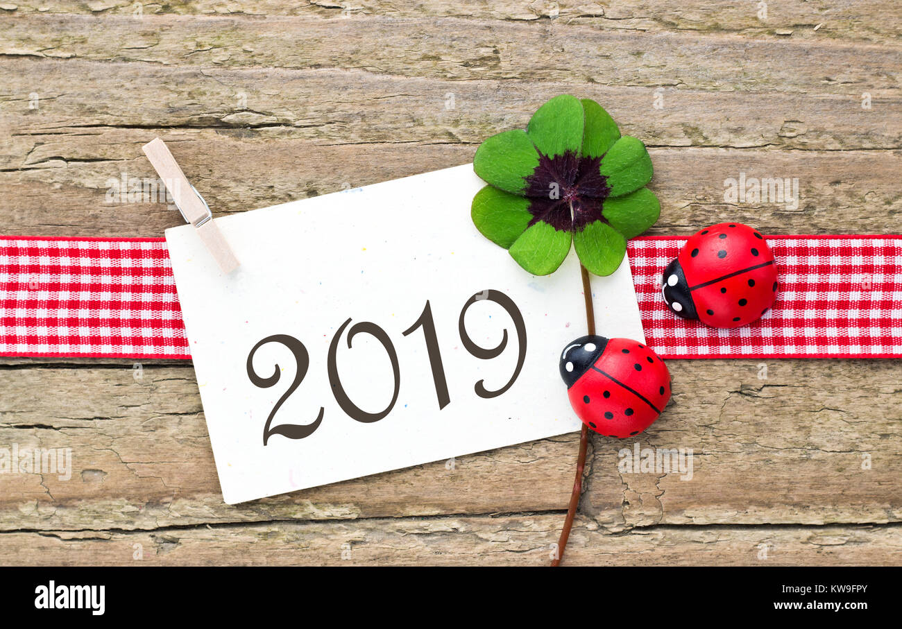 Nuova scheda di anni per 2019 con leafed trifoglio e ladybugs su sfondo di legno Foto Stock