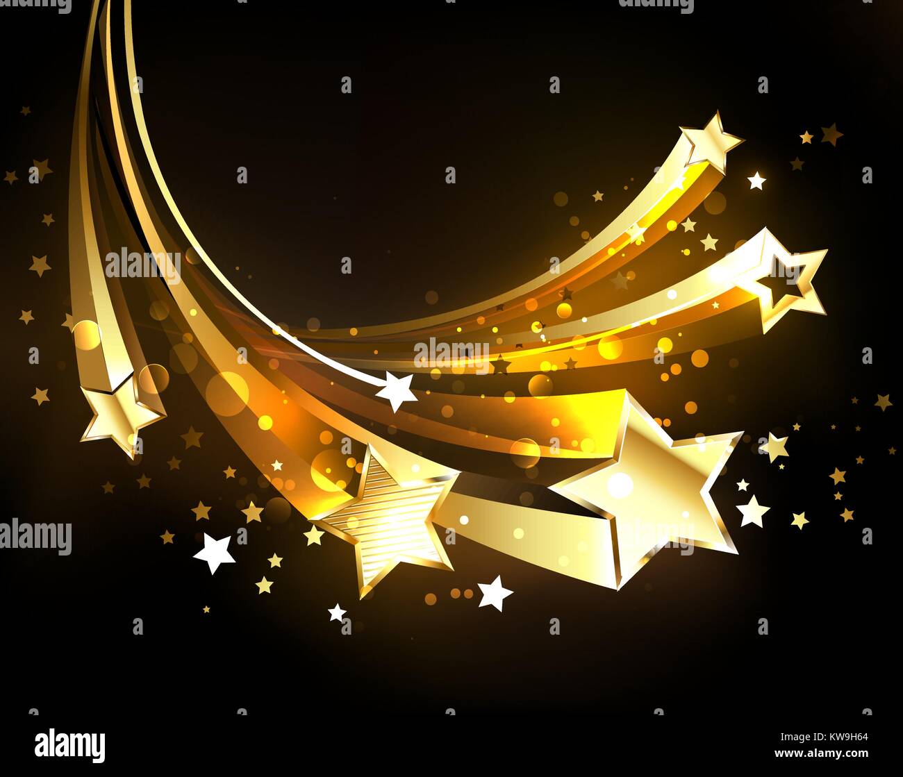 Cinque battenti golden comete su uno sfondo scuro. Golden Star. Design con le stelle. Illustrazione Vettoriale