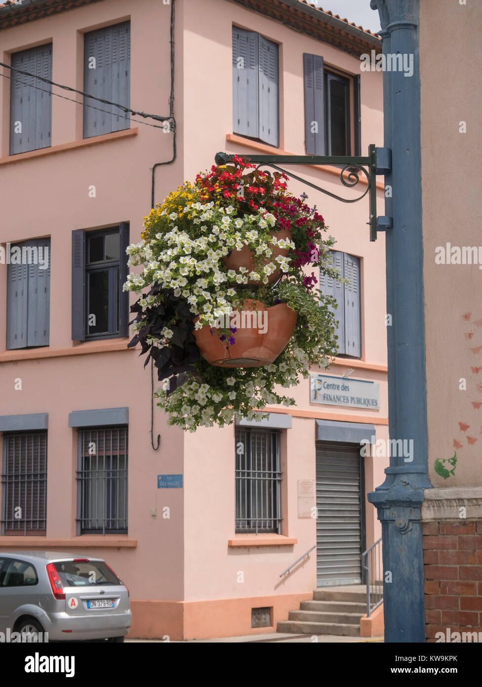 Hanging basket fiori su un lam post a Parigi Foto Stock