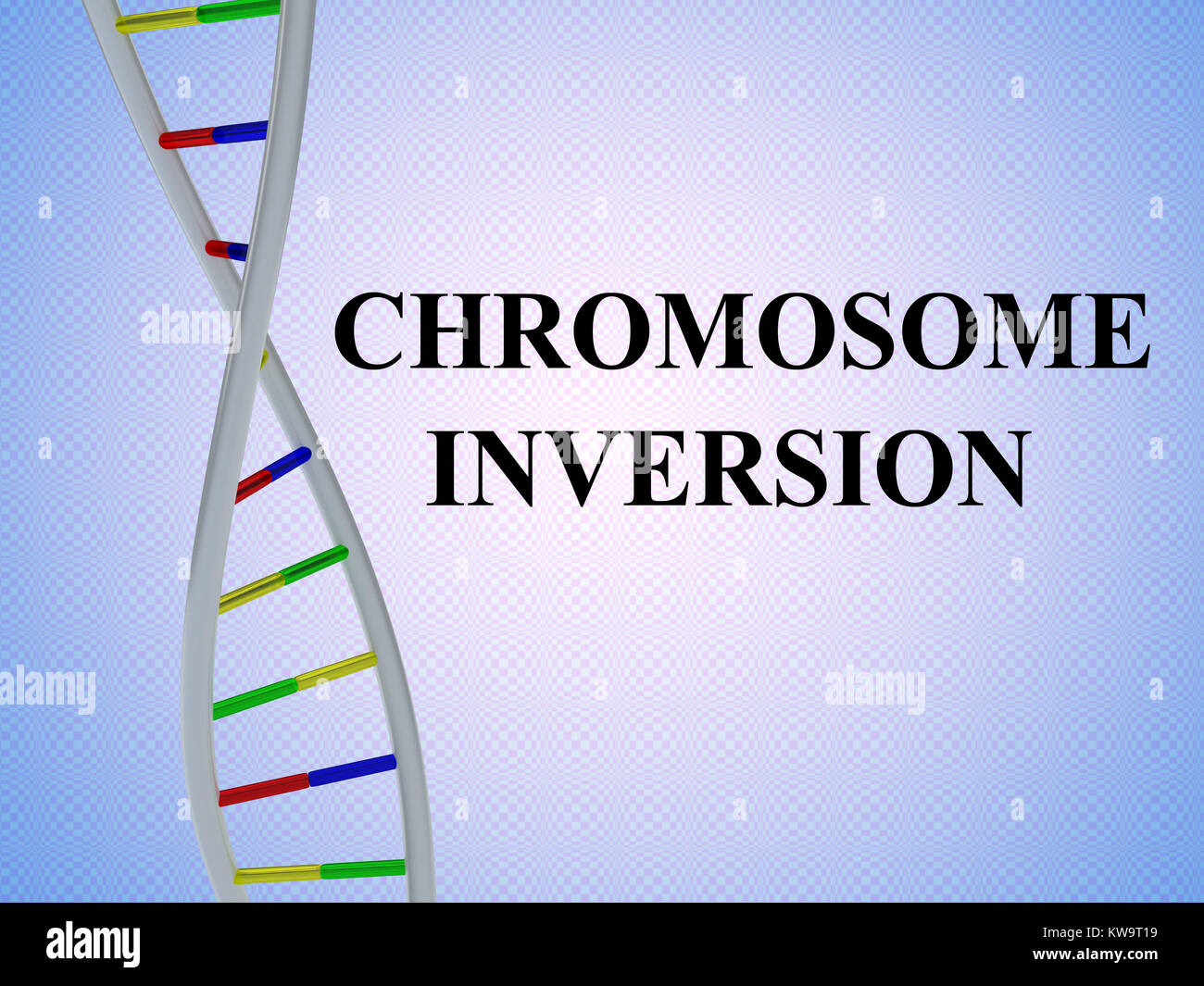 3D illustrazione del cromosoma INVERSION script con la doppia elica del DNA , isolate su pattern colorato. Foto Stock