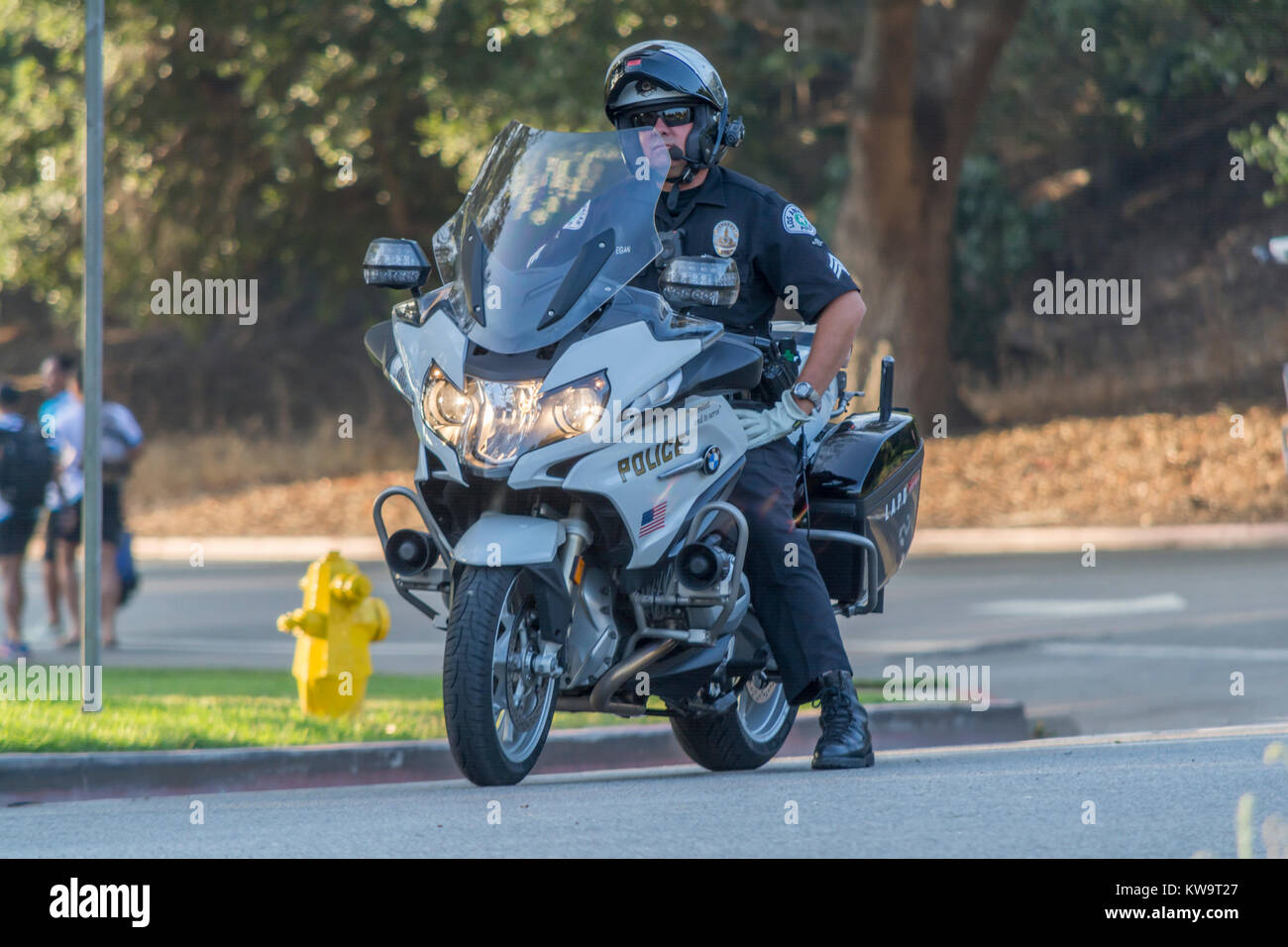 Los Angeles di polizia responsabile del traffico su una motocicletta di polizia. Foto Stock