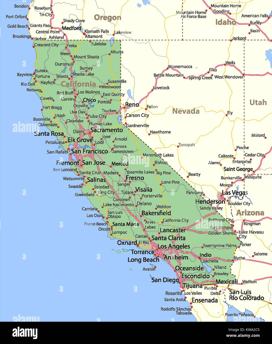 Mappa della California. Mostra i confini, zone urbane, nomi di località, strade e autostrade. Proiezione: proiezione di Mercatore. Illustrazione Vettoriale
