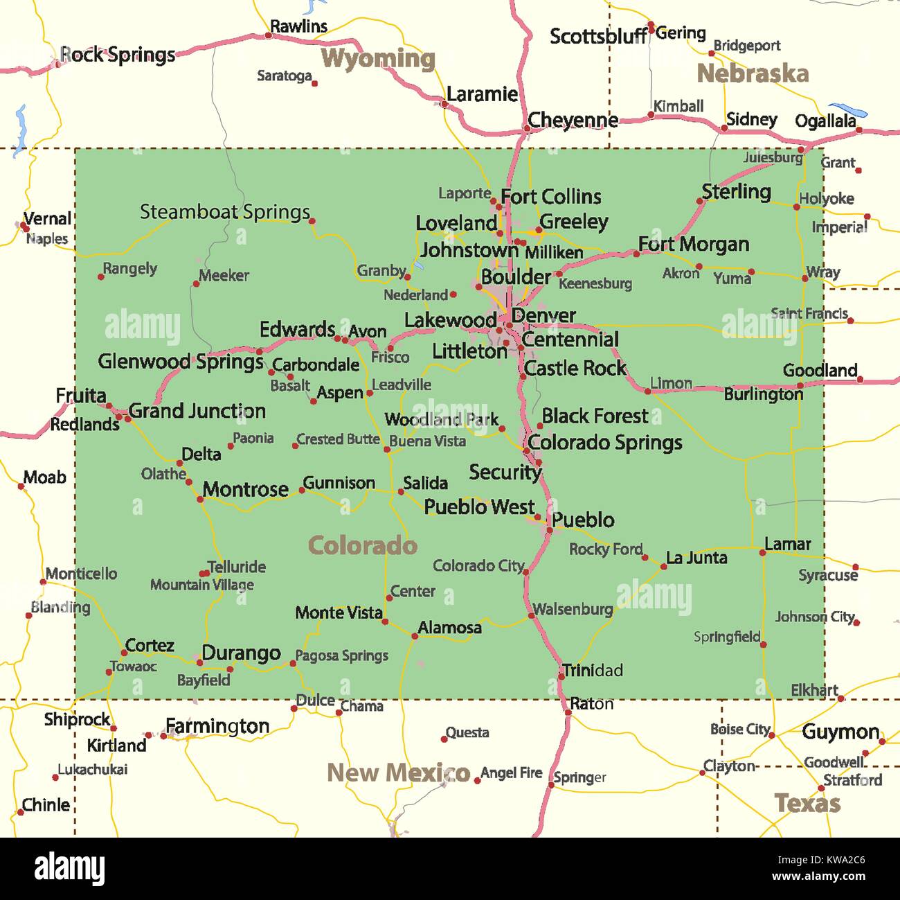 Mappa di Colorado. Mostra i confini, zone urbane, nomi di località, strade e autostrade. Proiezione: proiezione di Mercatore. Illustrazione Vettoriale