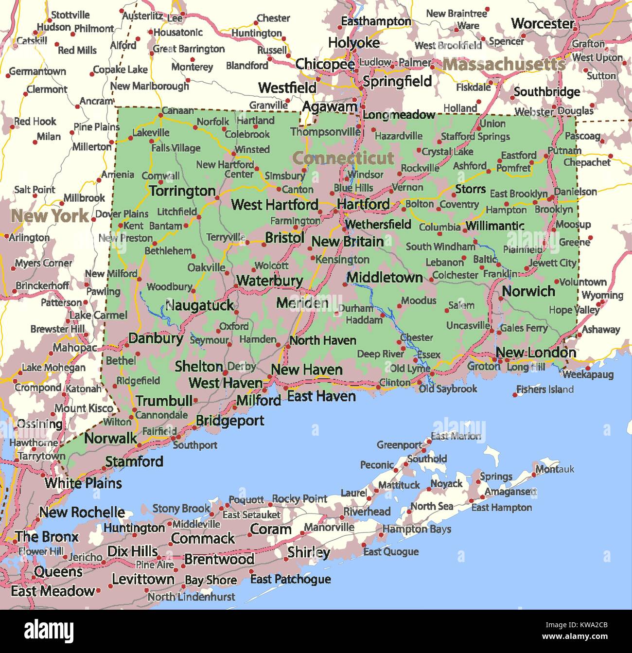 Mappa di Connecticut. Mostra i confini, zone urbane, nomi di località, strade e autostrade. Proiezione: proiezione di Mercatore. Illustrazione Vettoriale