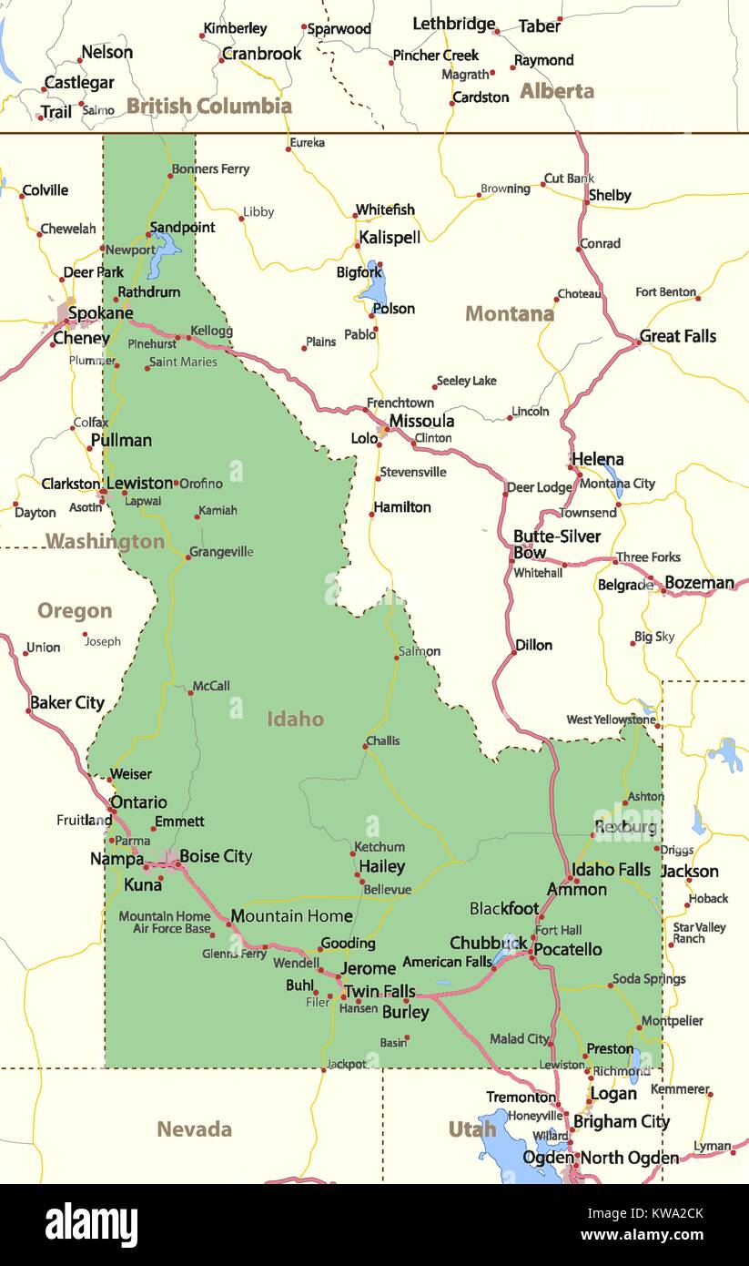 Mappa di Idaho. Mostra i confini, zone urbane, nomi di località, strade e autostrade. Proiezione: proiezione di Mercatore. Illustrazione Vettoriale