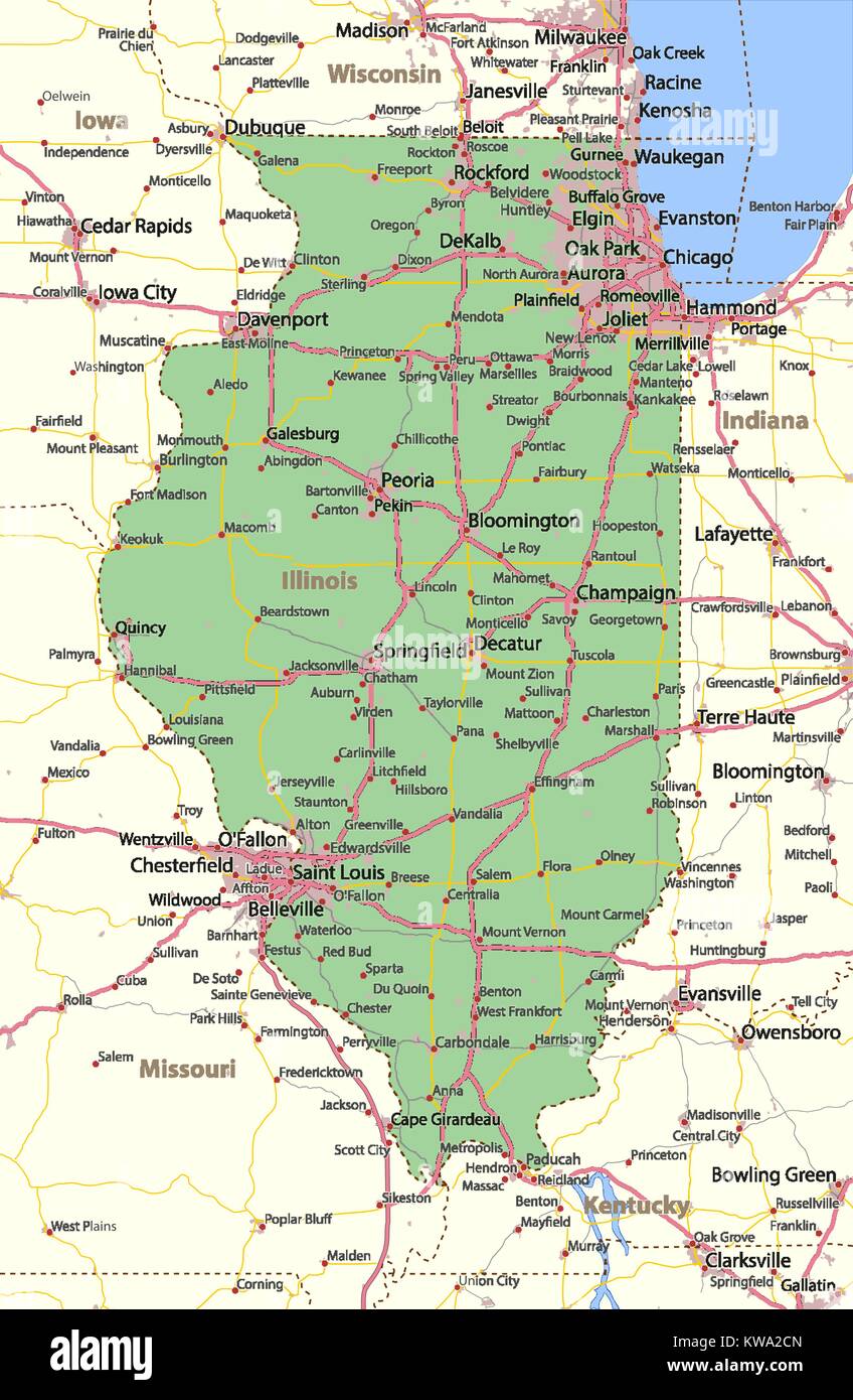 Mappa di Illinois. Mostra i confini, zone urbane, nomi di località, strade e autostrade. Proiezione: proiezione di Mercatore. Illustrazione Vettoriale