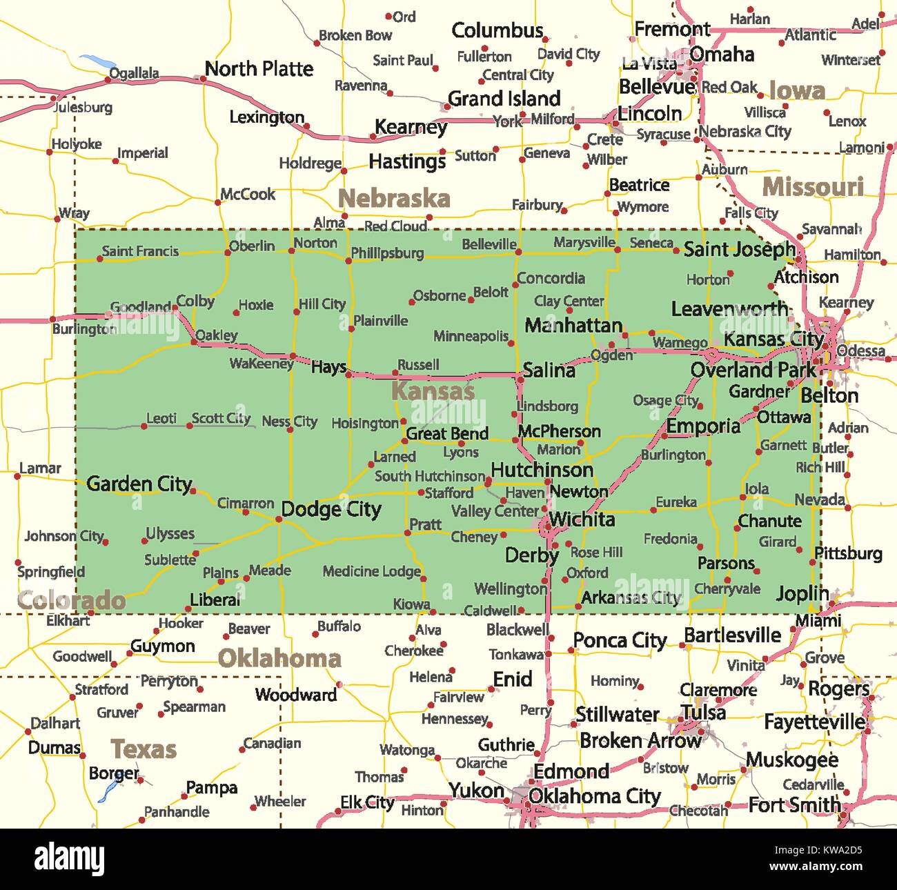 Mappa di Kansas. Mostra i confini, zone urbane, nomi di località, strade e autostrade. Proiezione: proiezione di Mercatore. Illustrazione Vettoriale