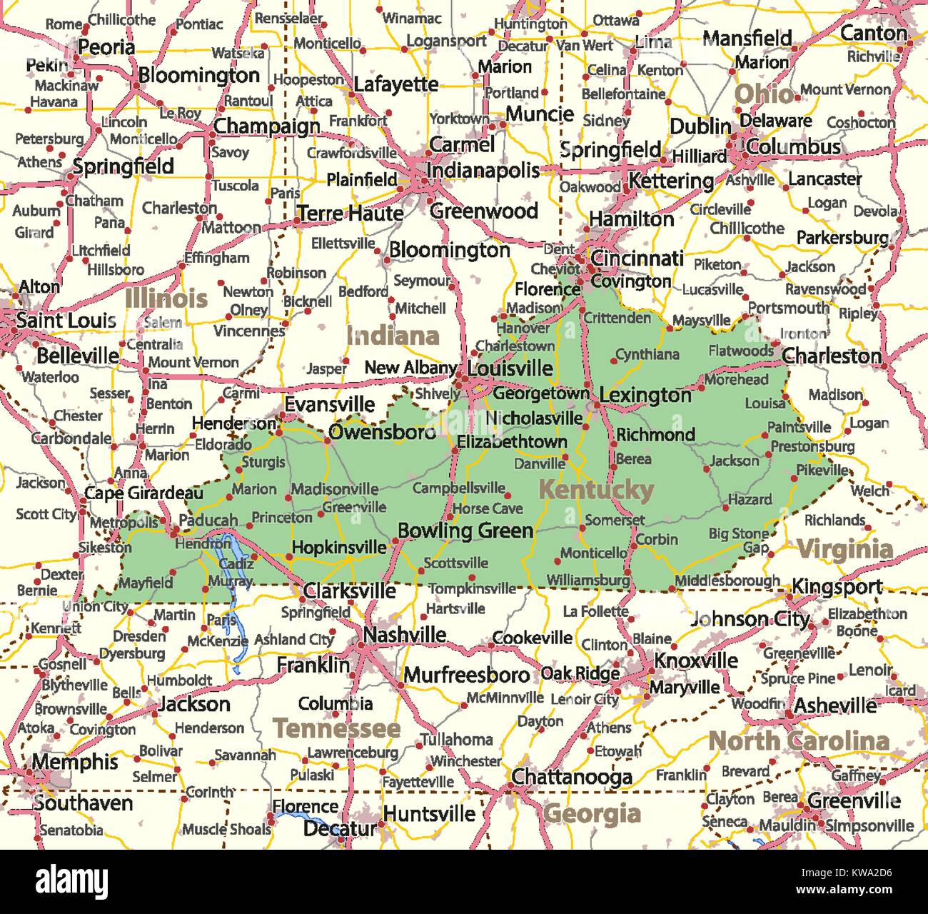 Mappa del Kentucky. Mostra i confini, zone urbane, nomi di località, strade e autostrade. Proiezione: proiezione di Mercatore. Illustrazione Vettoriale