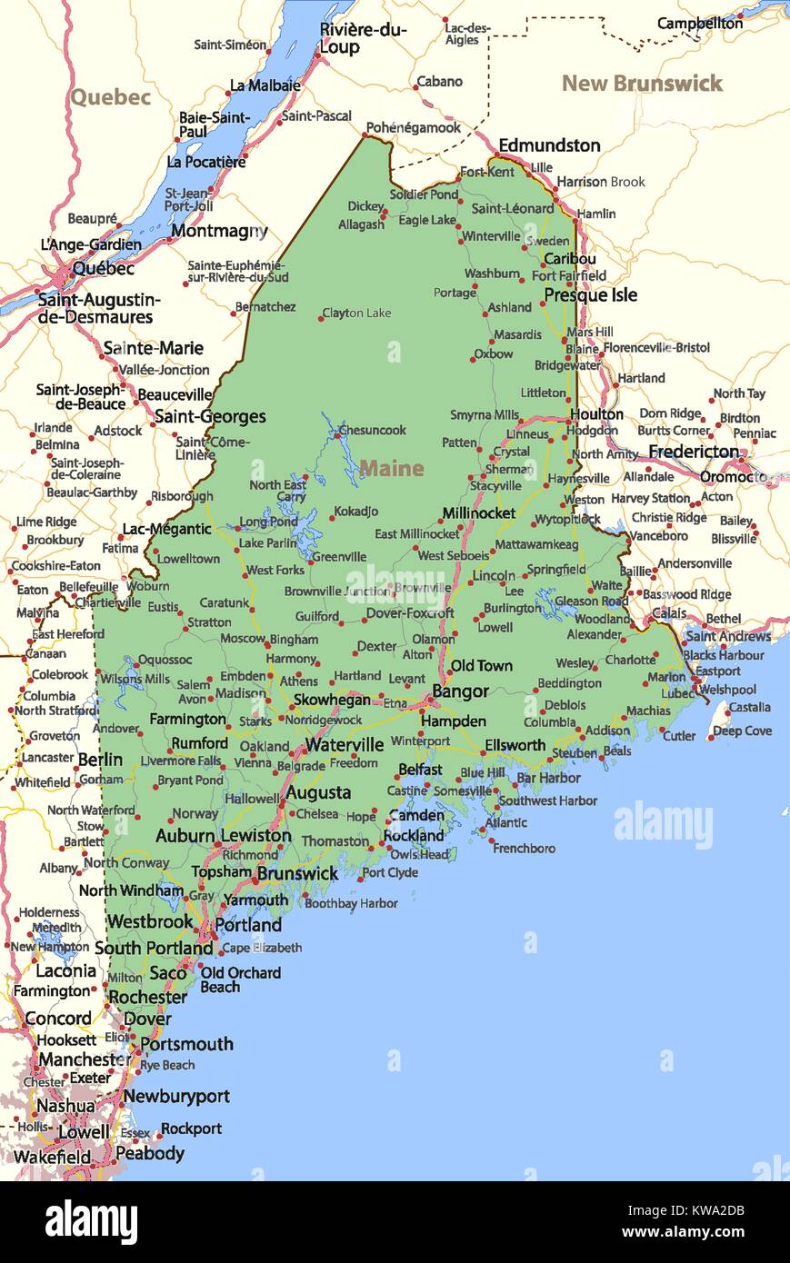 Mappa del Maine. Mostra i confini, zone urbane, nomi di località, strade e autostrade. Proiezione: proiezione di Mercatore. Illustrazione Vettoriale