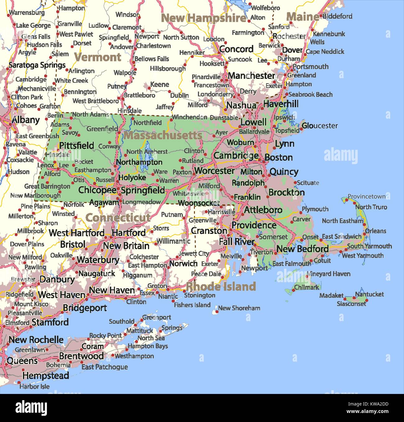 Mappa del Massachusetts. Mostra i confini, zone urbane, nomi di località, strade e autostrade. Proiezione: proiezione di Mercatore. Illustrazione Vettoriale