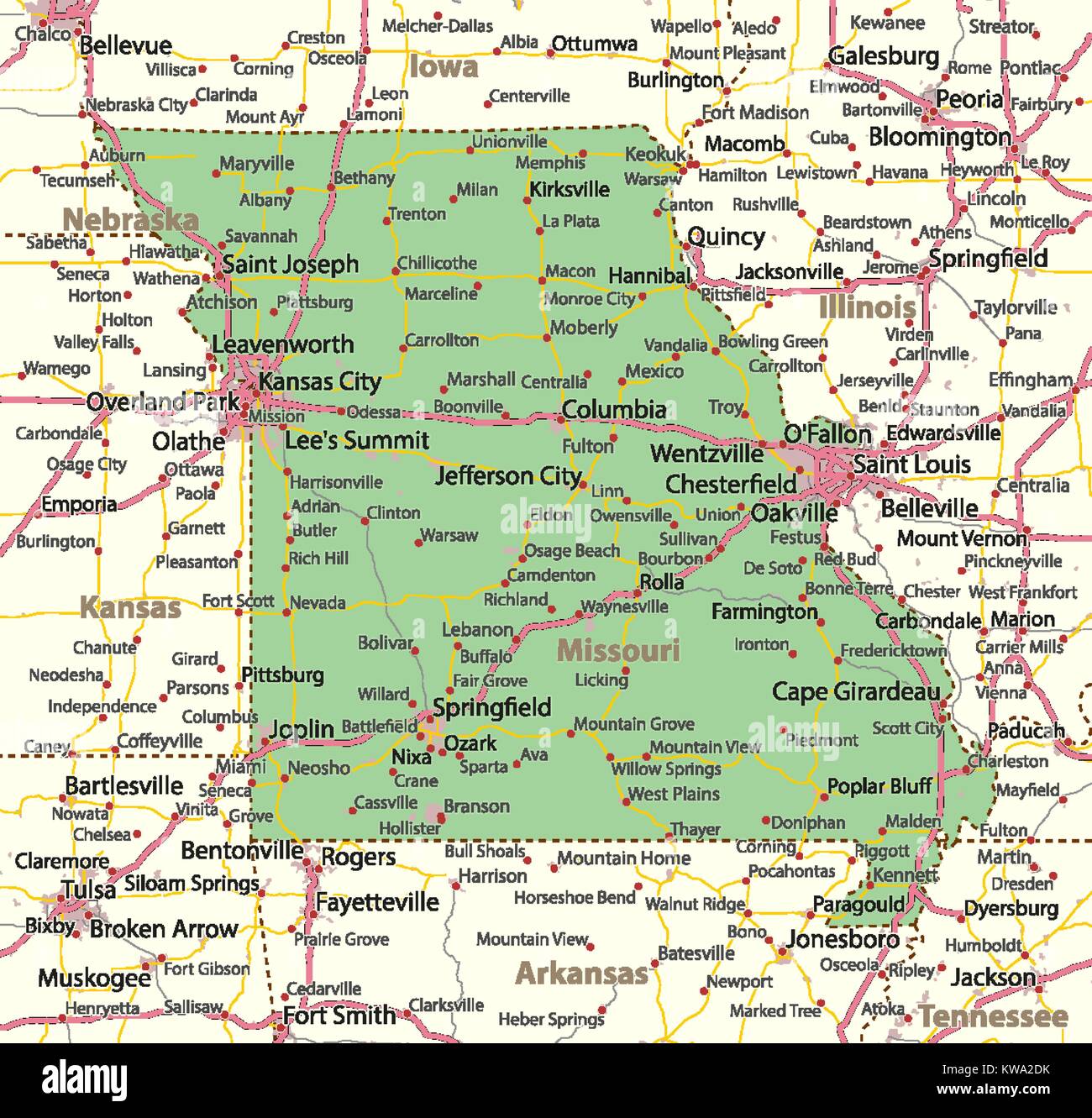 Mappa del Missouri. Mostra i confini, zone urbane, nomi di località, strade e autostrade. Proiezione: proiezione di Mercatore. Illustrazione Vettoriale