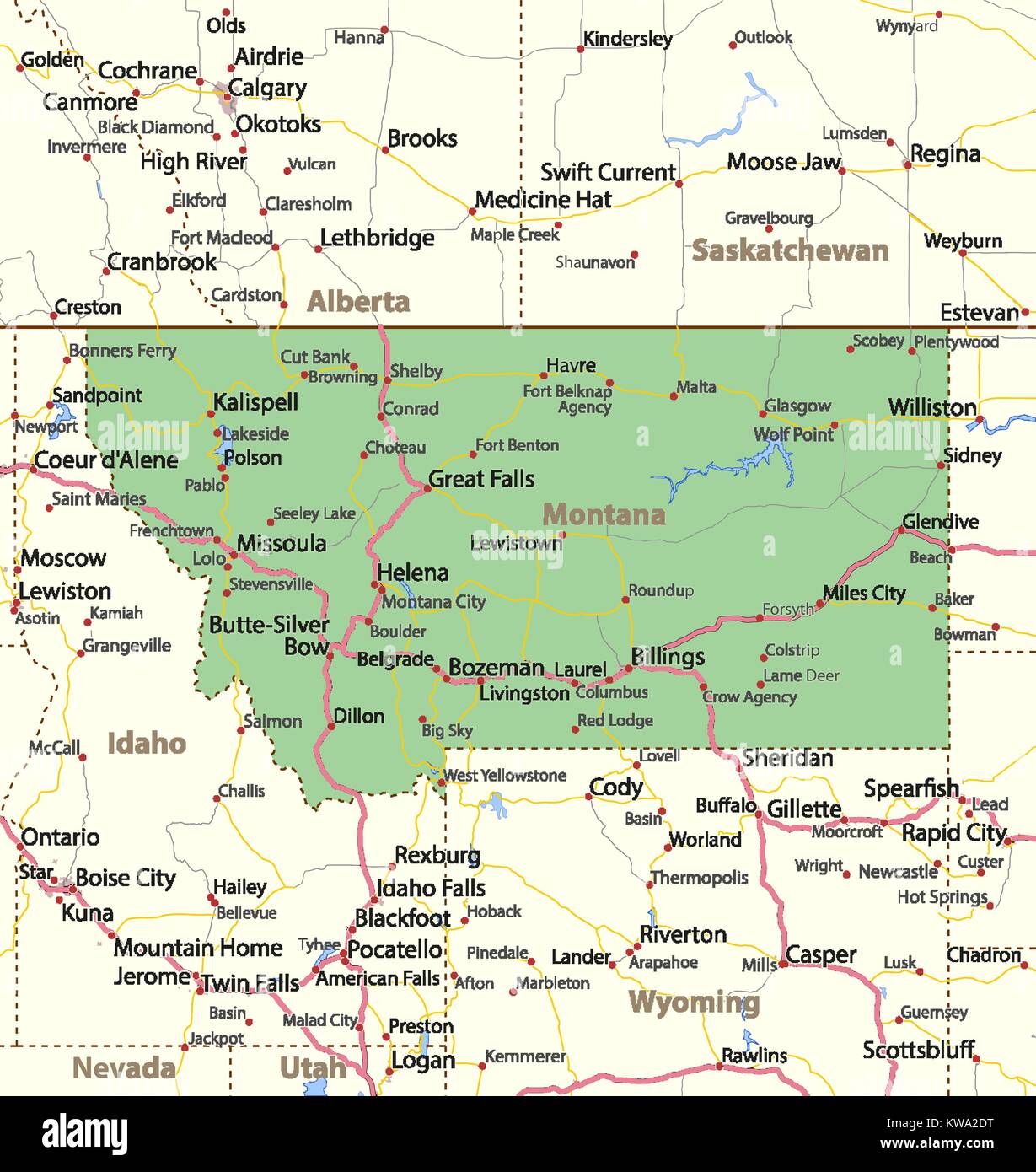 Mappa del Montana. Mostra i confini, zone urbane, nomi di località, strade e autostrade. Proiezione: proiezione di Mercatore. Illustrazione Vettoriale