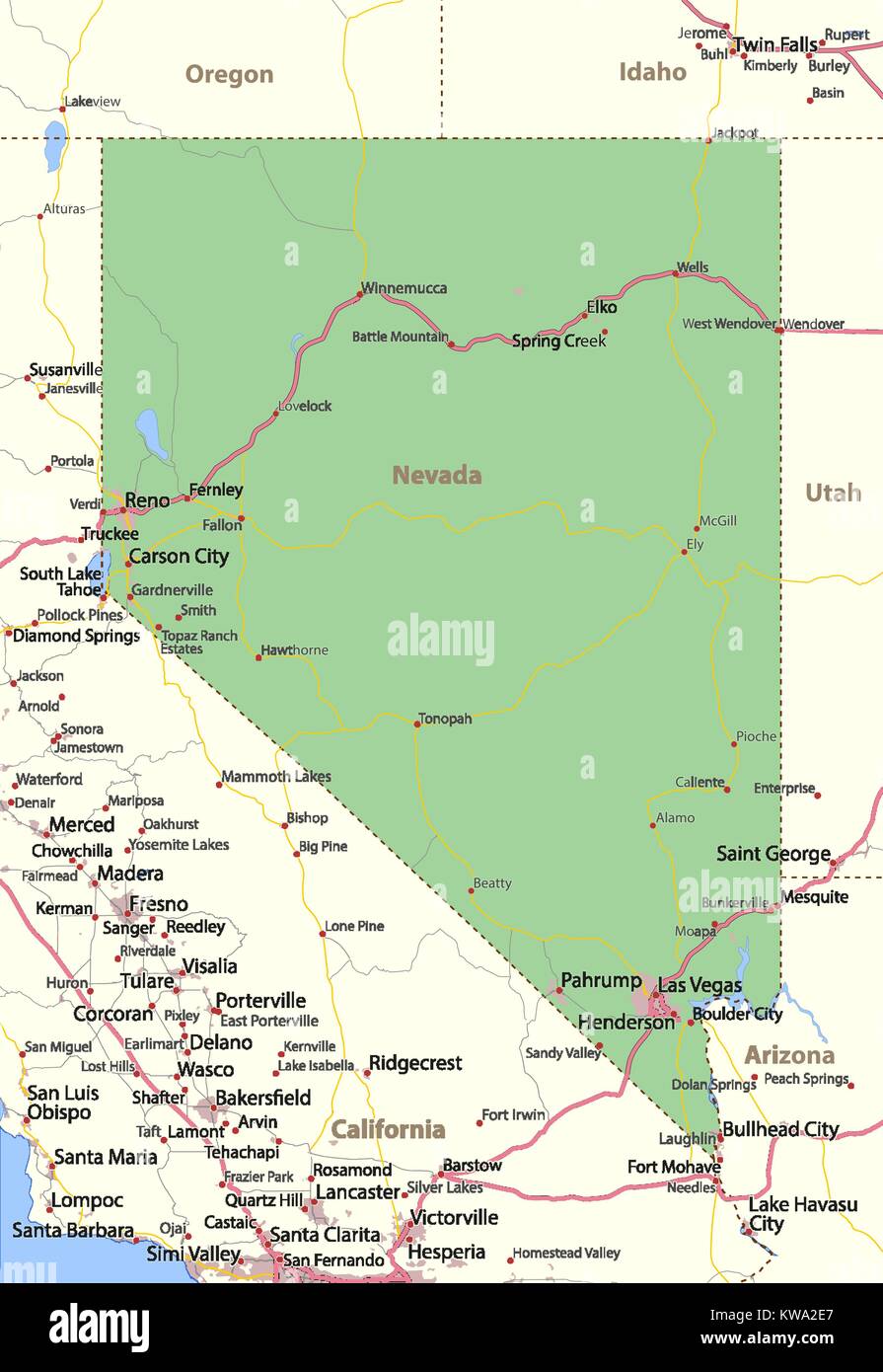 Mappa del Nevada. Mostra i confini, zone urbane, nomi di località, strade e autostrade. Proiezione: proiezione di Mercatore. Illustrazione Vettoriale