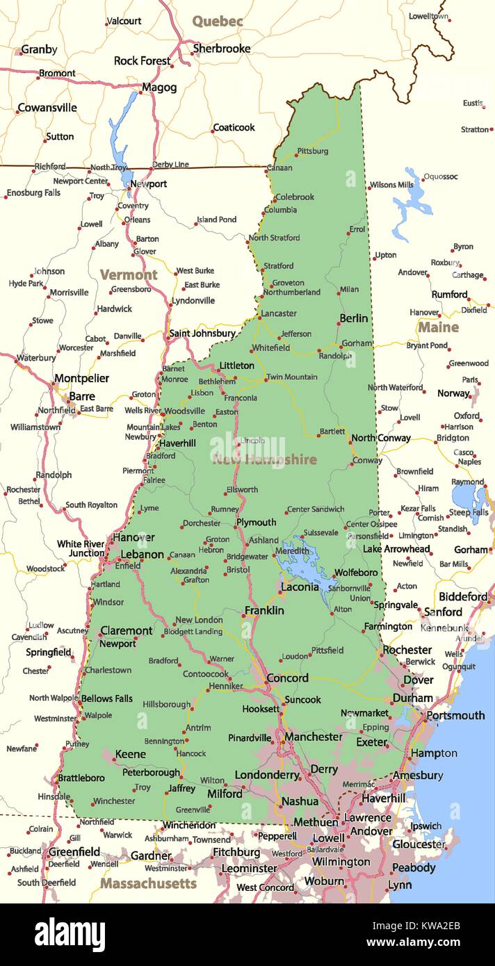 Mappa del New Hampshire. Mostra i confini, zone urbane, nomi di località, strade e autostrade. Proiezione: proiezione di Mercatore. Illustrazione Vettoriale