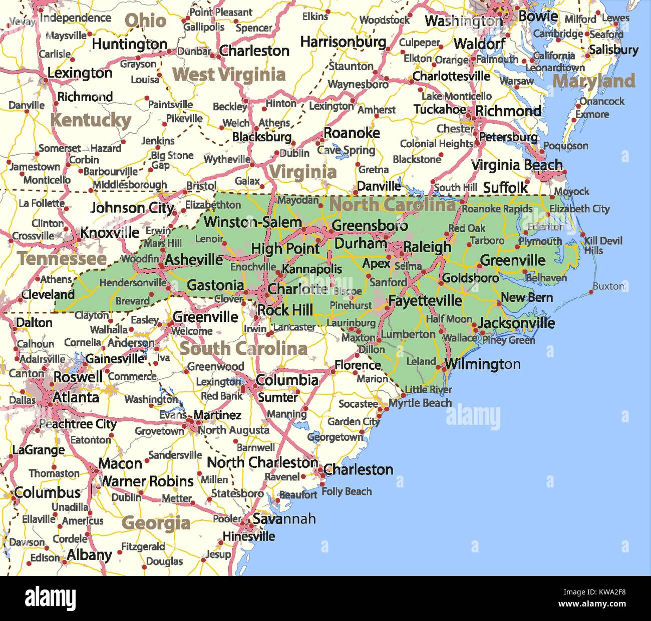 Mappa di North Carolina. Mostra i confini, zone urbane, nomi di località, strade e autostrade. Proiezione: proiezione di Mercatore. Illustrazione Vettoriale