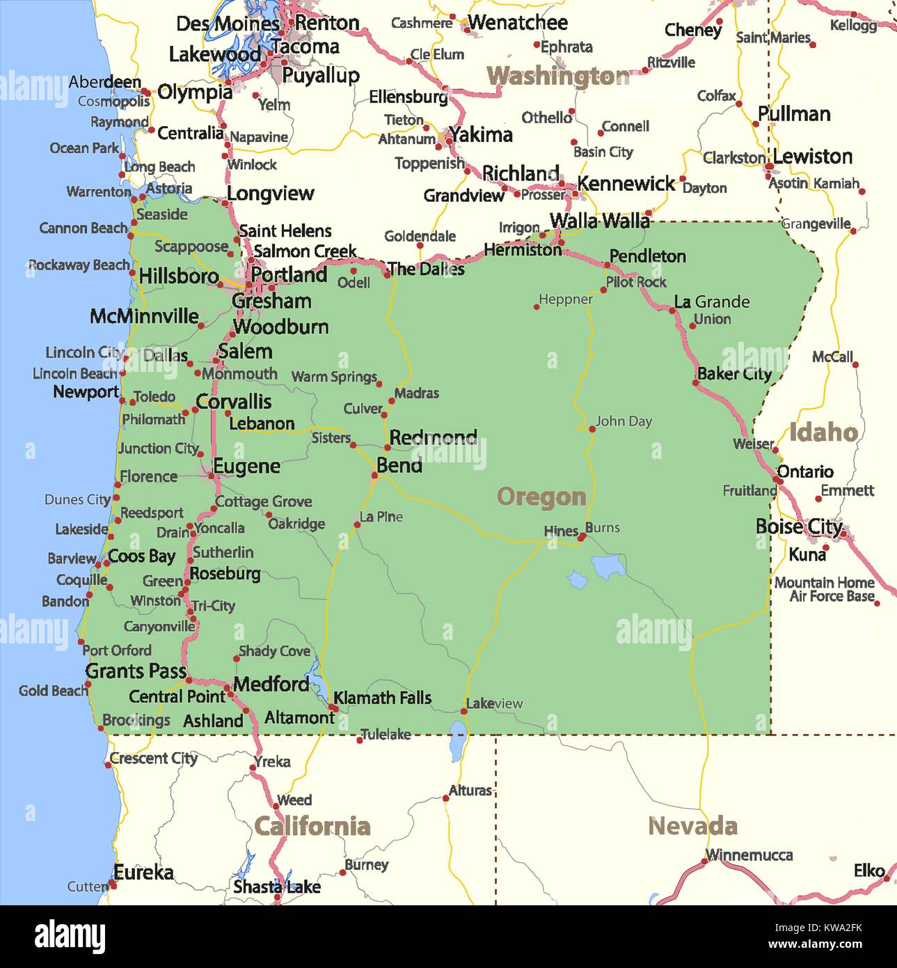 Mappa di Oregon. Mostra i confini, zone urbane, nomi di località, strade e autostrade. Proiezione: proiezione di Mercatore. Illustrazione Vettoriale