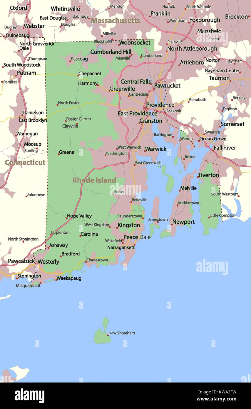 Mappa di Rhode Island. Mostra i confini, zone urbane, nomi di località, strade e autostrade. Proiezione: proiezione di Mercatore. Illustrazione Vettoriale