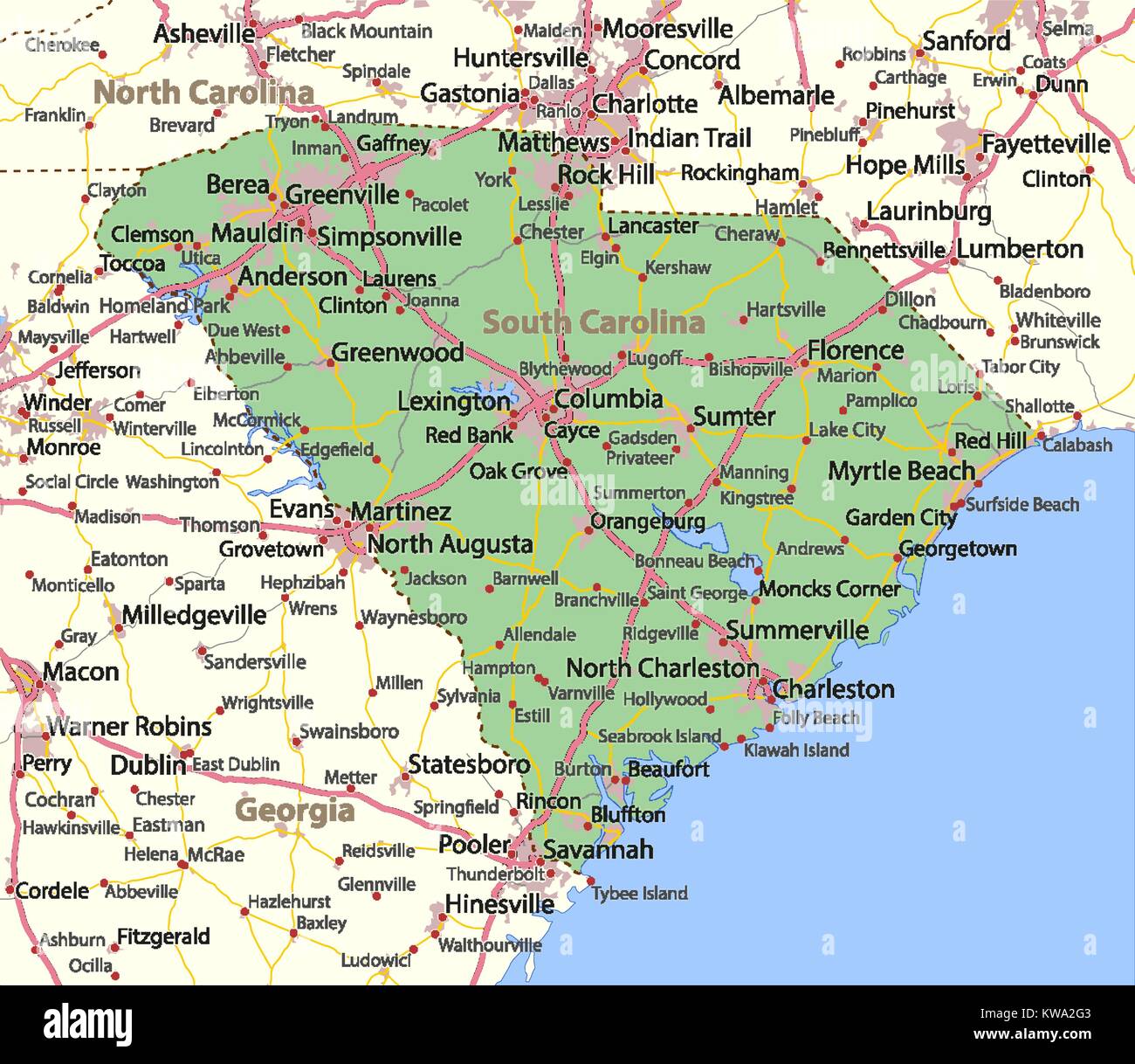 Mappa di Carolina del Sud. Mostra i confini, zone urbane, nomi di località, strade e autostrade. Proiezione: proiezione di Mercatore. Illustrazione Vettoriale