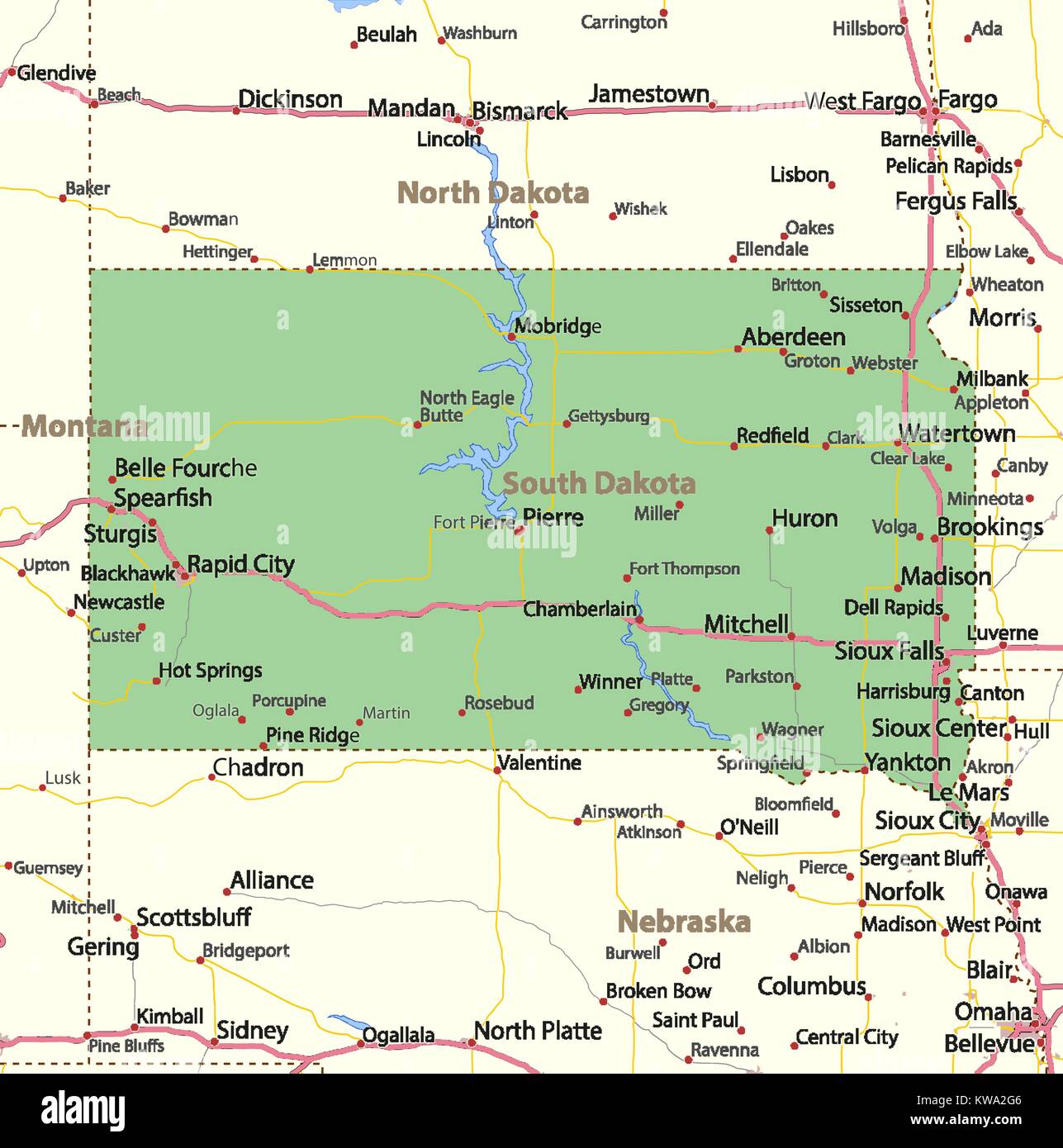 Mappa del Sud Dakota. Mostra i confini, zone urbane, nomi di località, strade e autostrade. Proiezione: proiezione di Mercatore. Illustrazione Vettoriale