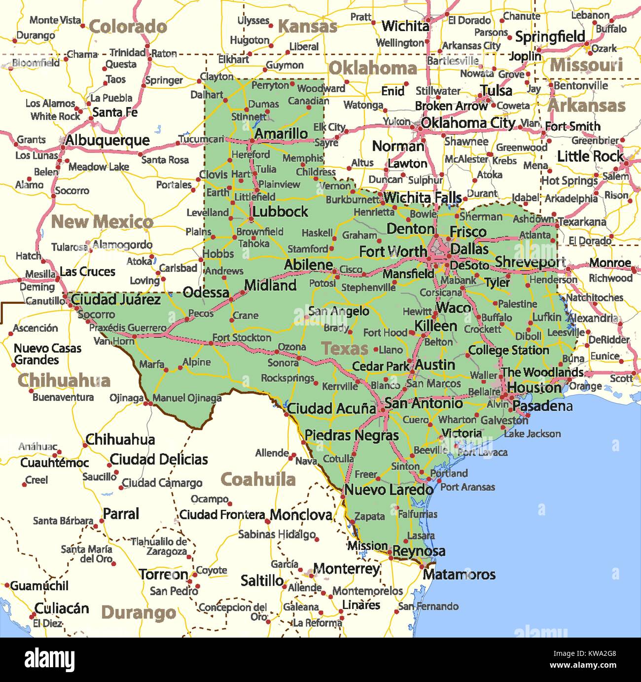 Mappa del Texas. Mostra i confini, zone urbane, nomi di località, strade e autostrade. Proiezione: proiezione di Mercatore. Illustrazione Vettoriale