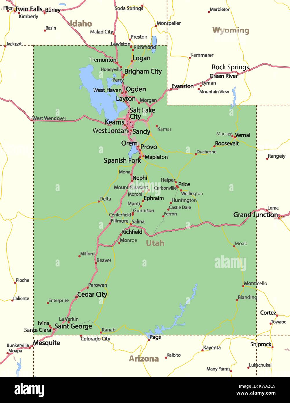 Mappa dello Utah. Mostra i confini, zone urbane, nomi di località, strade e autostrade. Proiezione: proiezione di Mercatore. Illustrazione Vettoriale