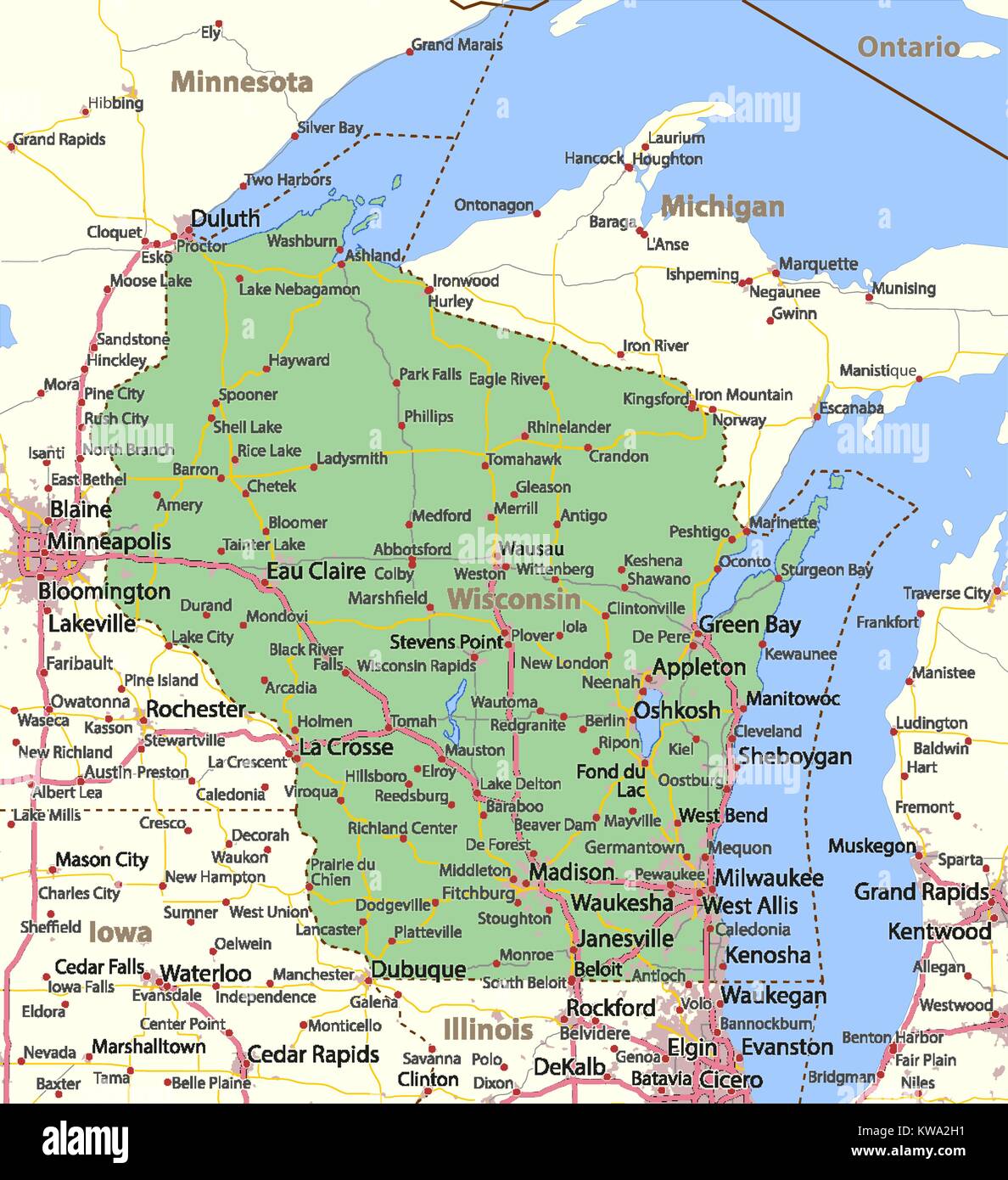Mappa di Wisconsin. Mostra i confini, zone urbane, nomi di località, strade e autostrade. Proiezione: proiezione di Mercatore. Illustrazione Vettoriale