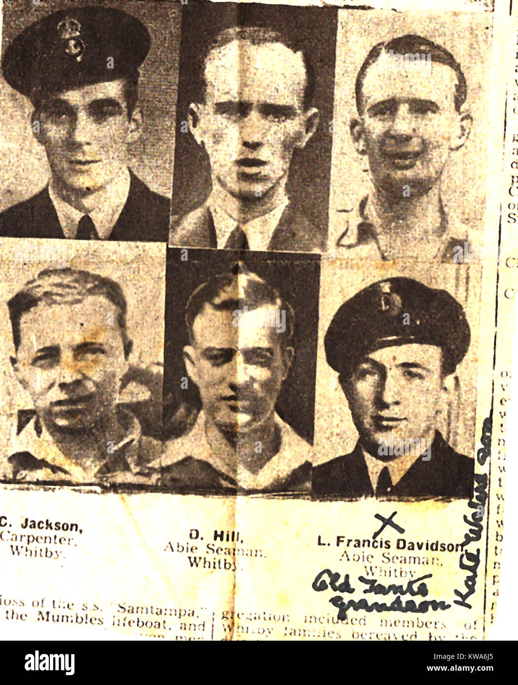 S S. Samtampa, steamship naufragò sul punto Sker, off Porthcawl e Kenfig, Galles nel canale di Bristol il 23 aprile 1947 - un ritaglio di giornale che mostra i ritratti di Whitby, Yorkshire feriti quando il recipiente è stato perso con tutte le mani. La scialuppa di salvataggio "Edward, Principe di Galles e il suo equipaggio di 8 erano tutti perso anche Foto Stock