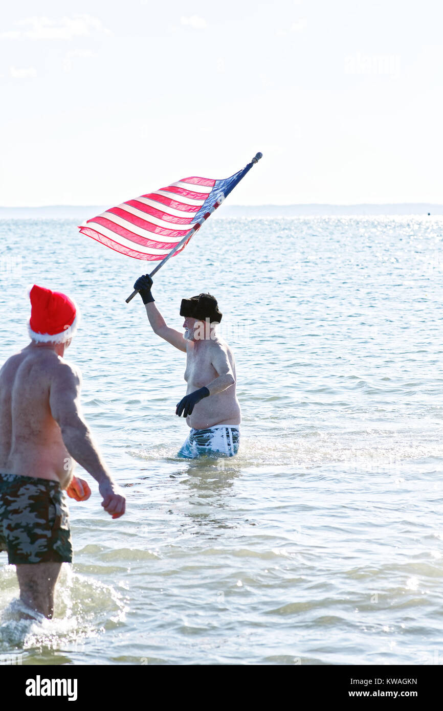 New York, Stati Uniti d'America. 01 gen 2018. Coney Island NYC annuale Orso Polare tuffo nel fiume Hudson Credit: Bob Londra/Alamy Live News Foto Stock