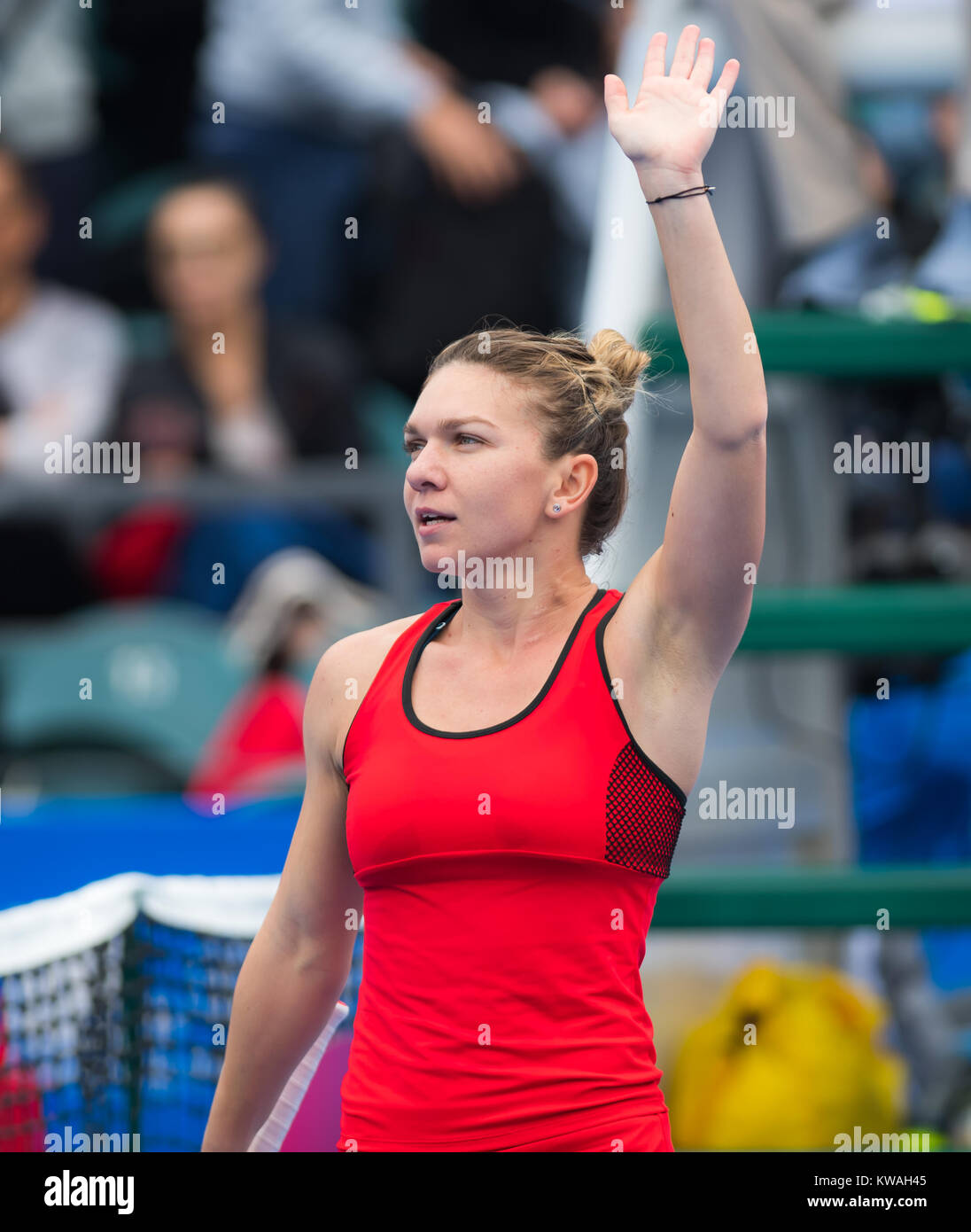 Shenzhen, Cina. 1 gennaio, 2018. Simona Halep della Romania in azione al 2018 Shenzen Open WTA torneo internazionale di tennis © Jimmie48 Fotografia/Alamy Live News Foto Stock